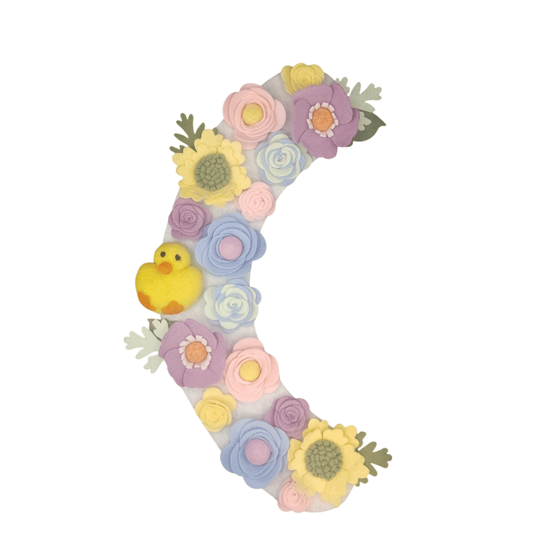 Limited release Easter wreath attachment decorated with pastel flowers in soft yellow, pink, purple, and baby blue tones, symbolizing spring renewal. A charming felted chick is nestled among the blooms, adding a playful and festive touch to this seasonal design.