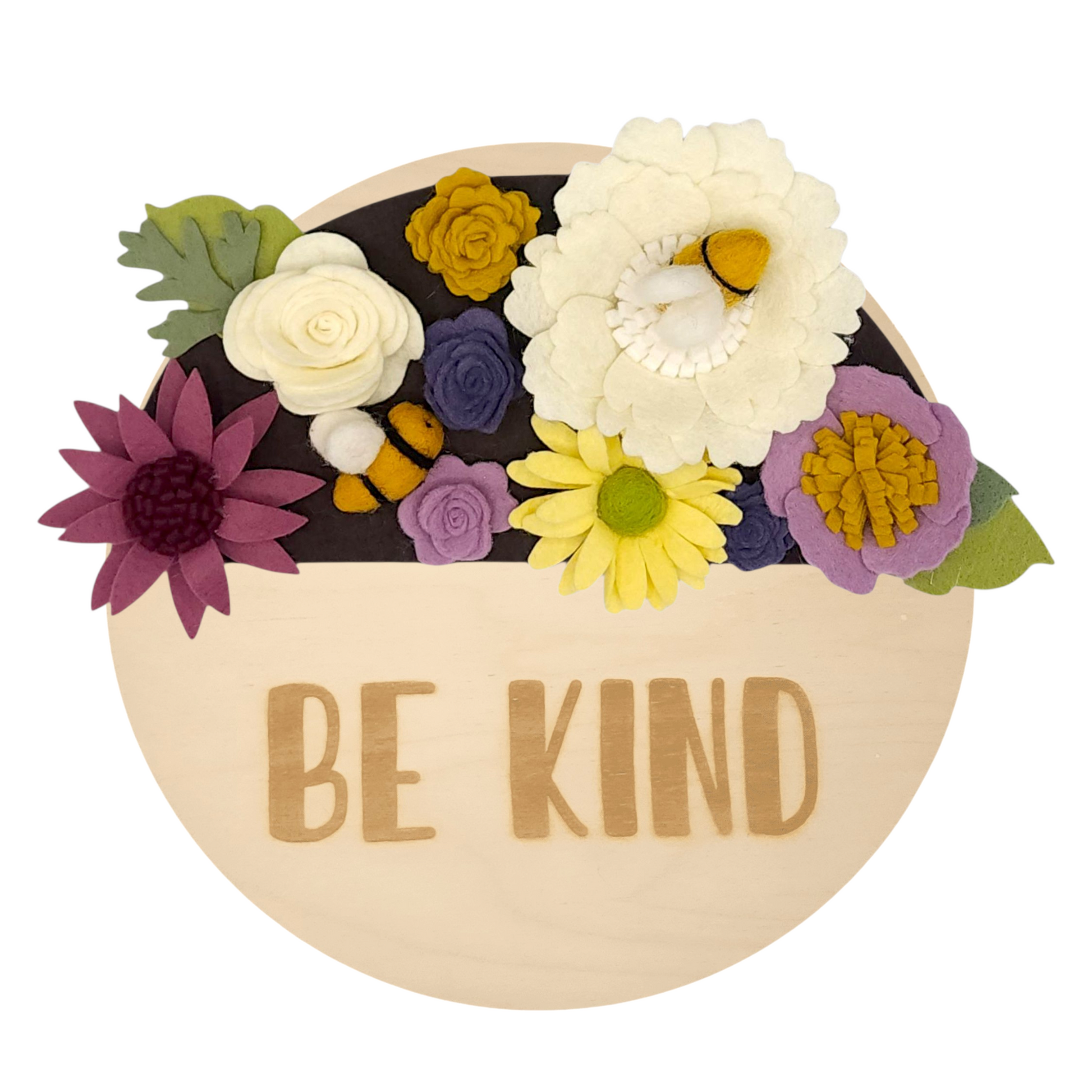 Reusable wreath featuring felt bumblebees and flowers aiding pollinator protection on a round birch base reading "BE KIND" door sign.