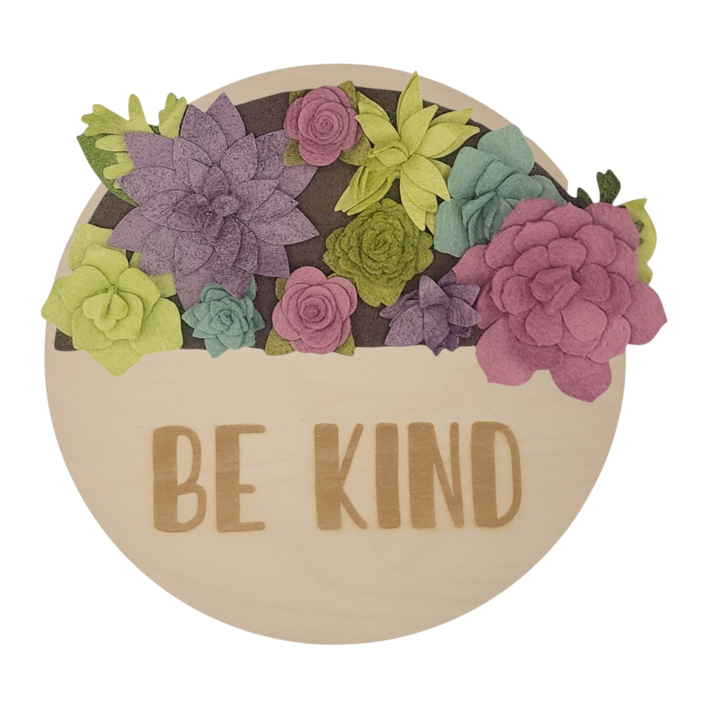 Summer succulents wreath featuring felt succulents in green, purple and teal on a round birch base reading "BE KIND".