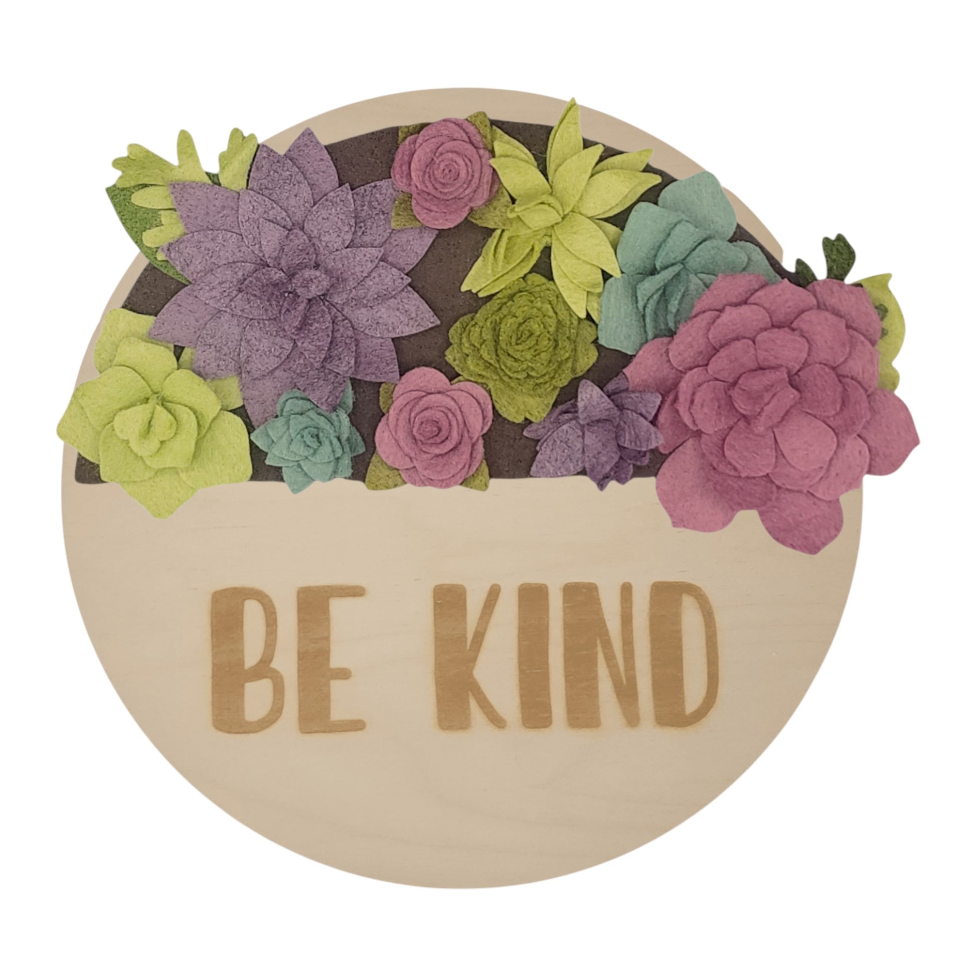 Summer succulents wreath featuring felt succulents in green, purple and teal on a round birch base reading "BE KIND".