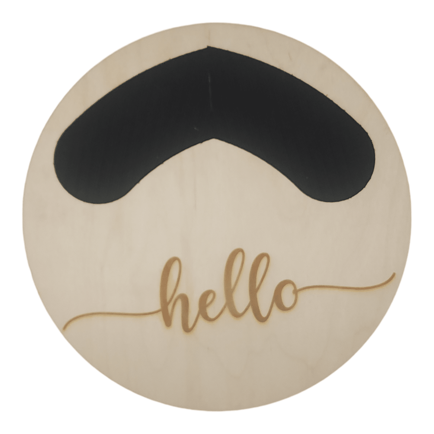 11" circular wreath base in color birch with "HELLO" laser etched below velcro for attachments.