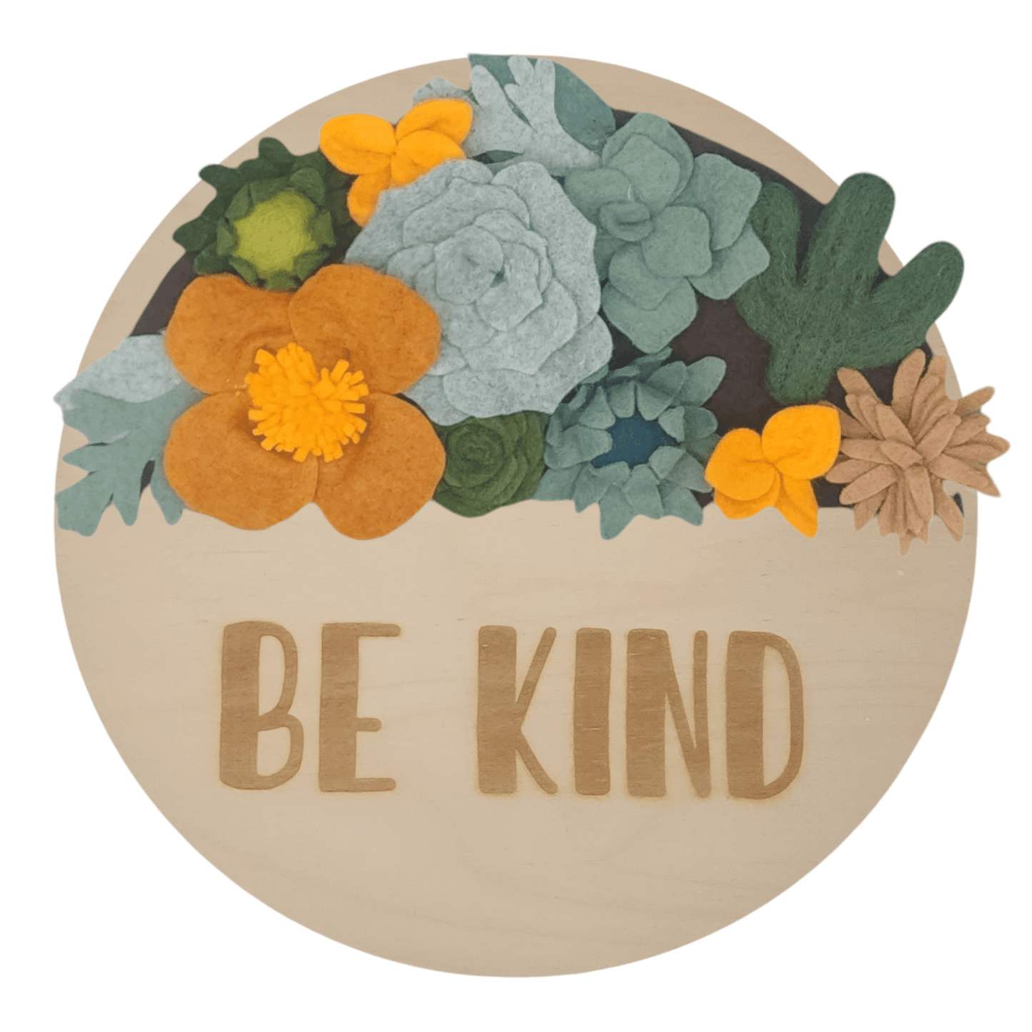 Arizona Mini Wreath Attachment: A round birch wreath reading "BE KIND" adorned with vibrant felt flowers in green and orange.