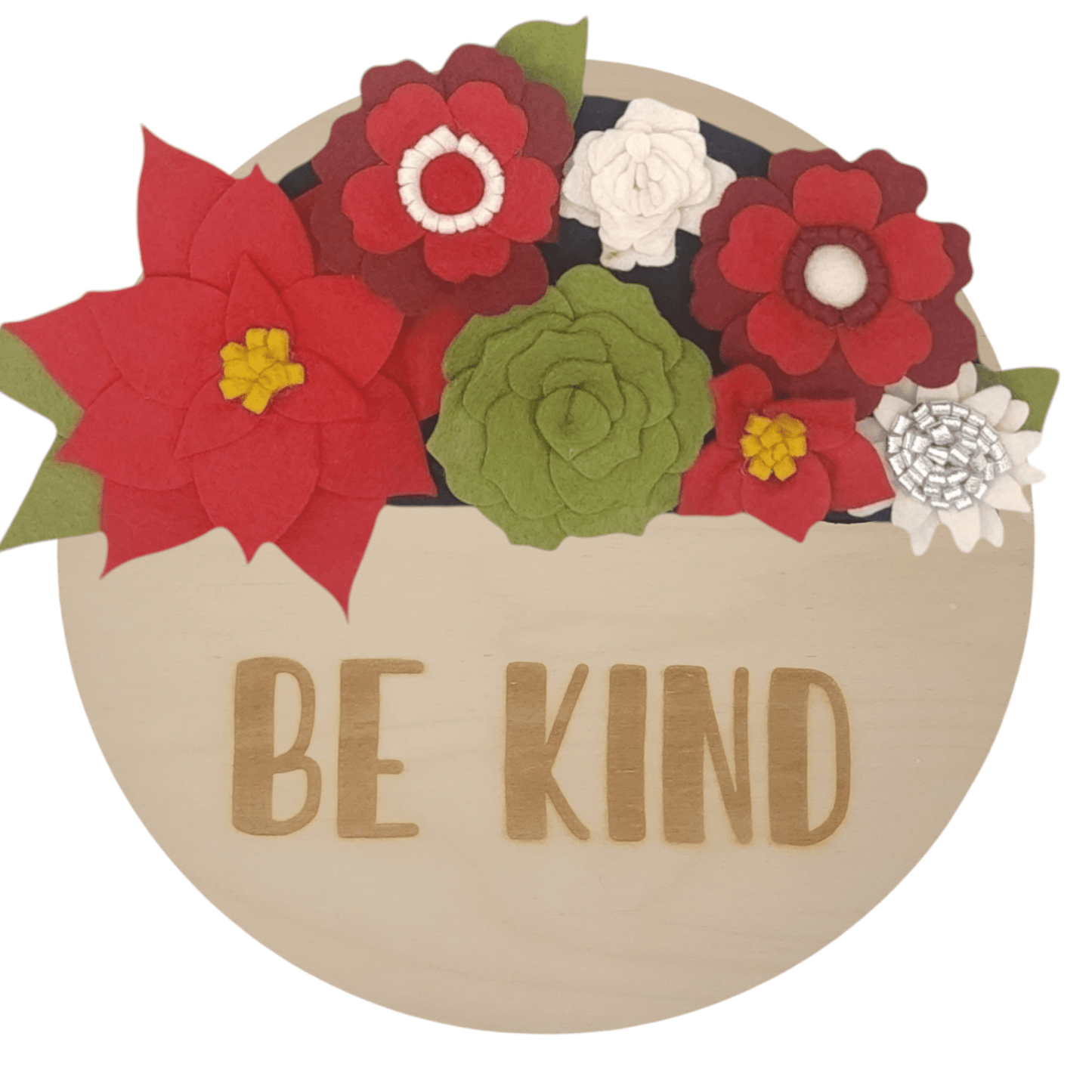 Christmas wreath with handcrafted felt flowers: red poinsettias, green succulents and white daisies on a round birch base reading "BE KIND".