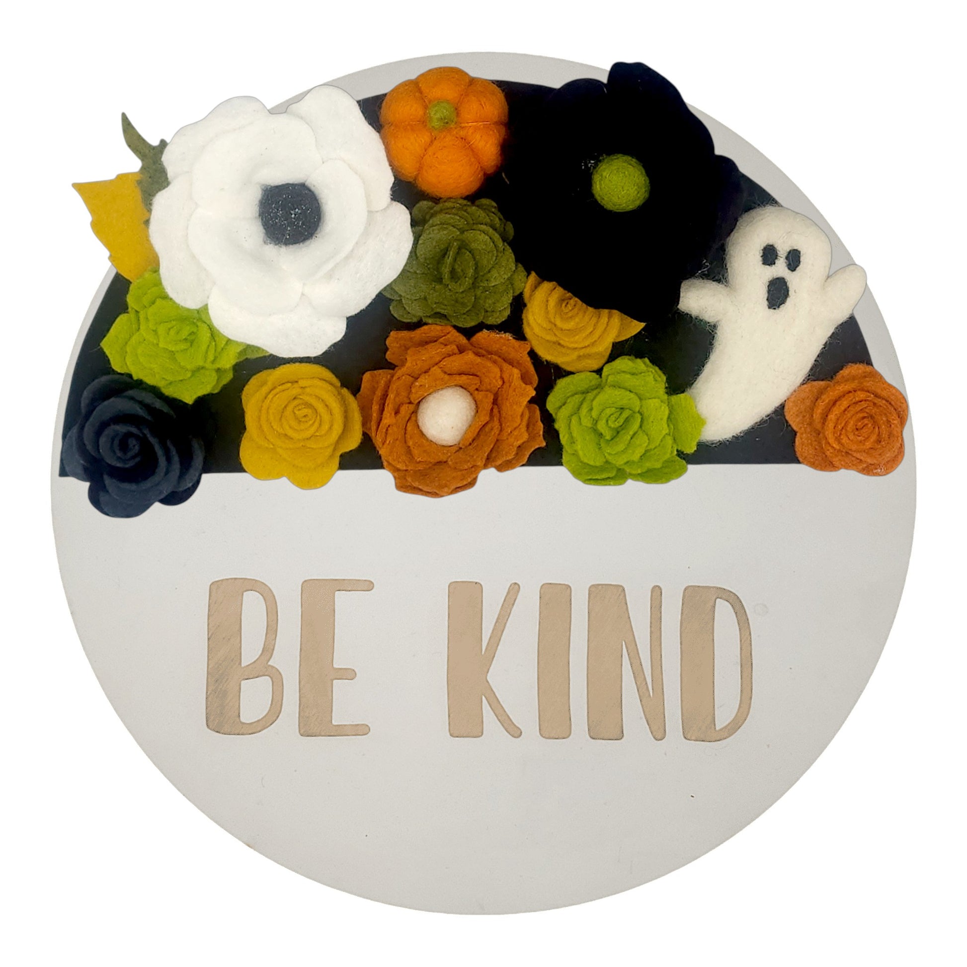 Wreath attachment featuring a whimsical ghost design surrounded by electric green accents and pops of orange on a sand-colored base.