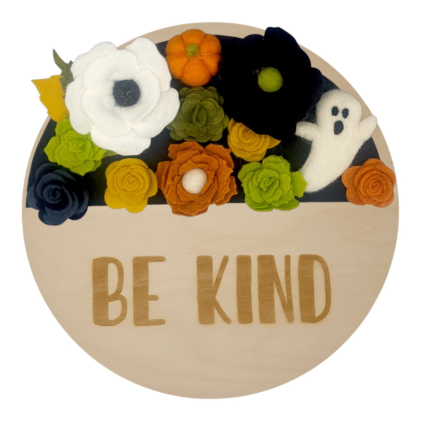 Wreath attachment featuring a playful ghost centerpiece surrounded by neon green greenery and striking orange florals on a sand-toned base.