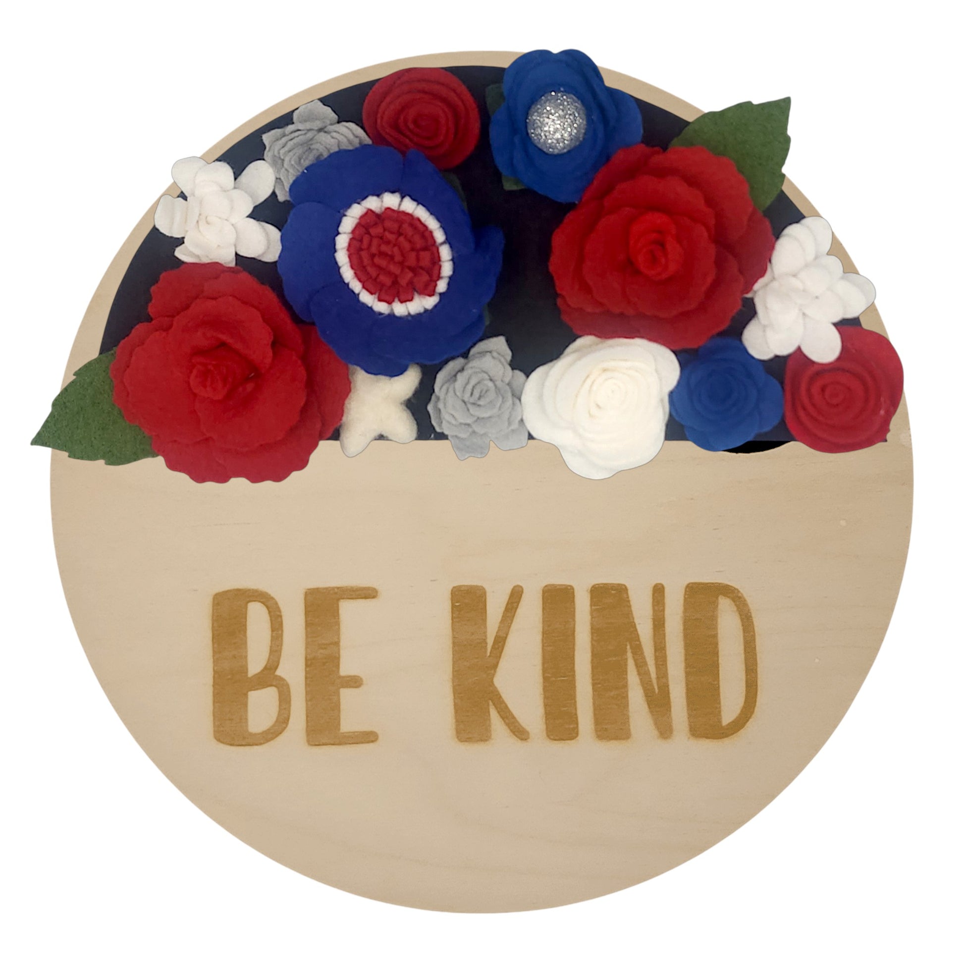 Wreath attachment featuring layered red and white blooms surrounded by deep blue greenery and classic American star details on a neutral base.