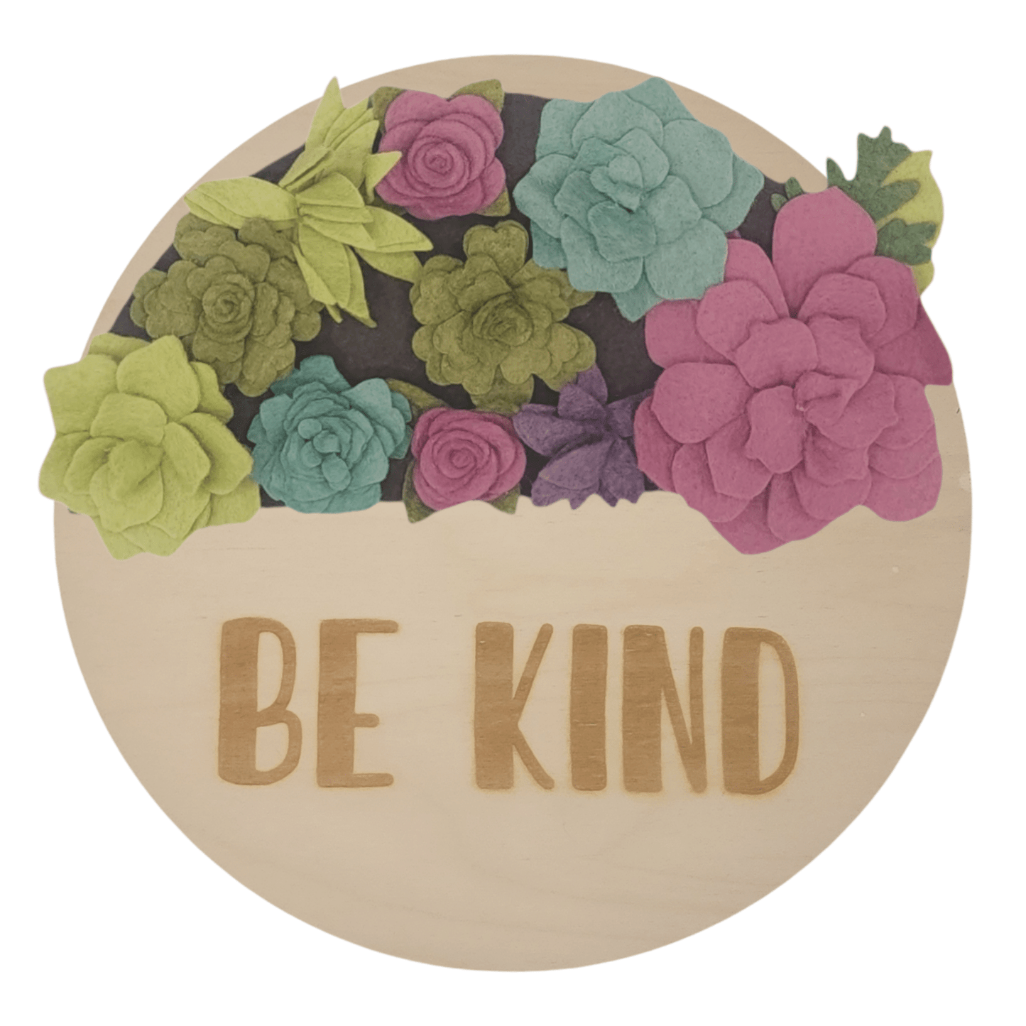 Summer succulents wreath featuring felt succulents in green, purple and teal on a round birch base reading "BE KIND".