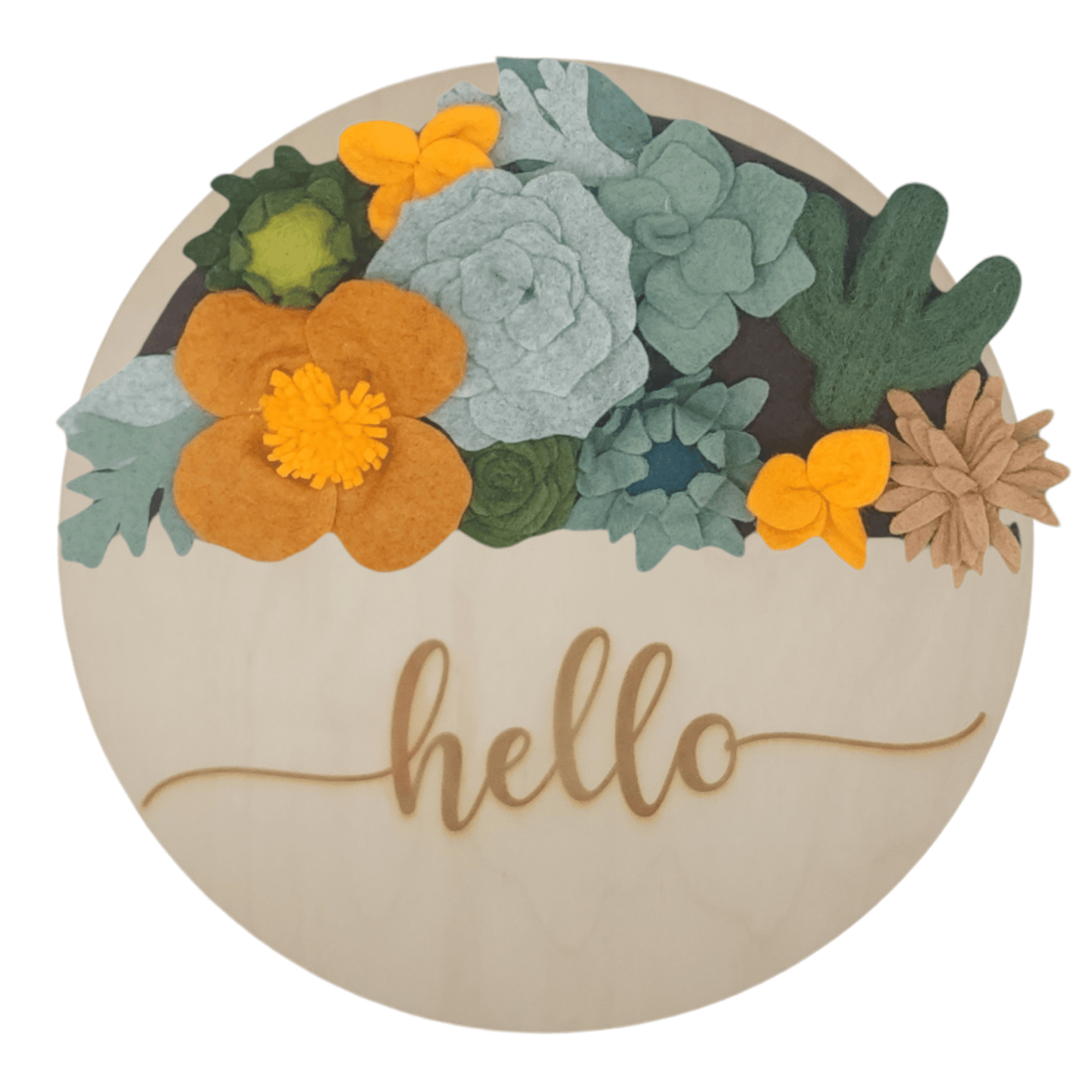 Arizona Mini Wreath Attachment: A round birch wreath reading "HELLO" adorned with vibrant felt flowers and cacti.