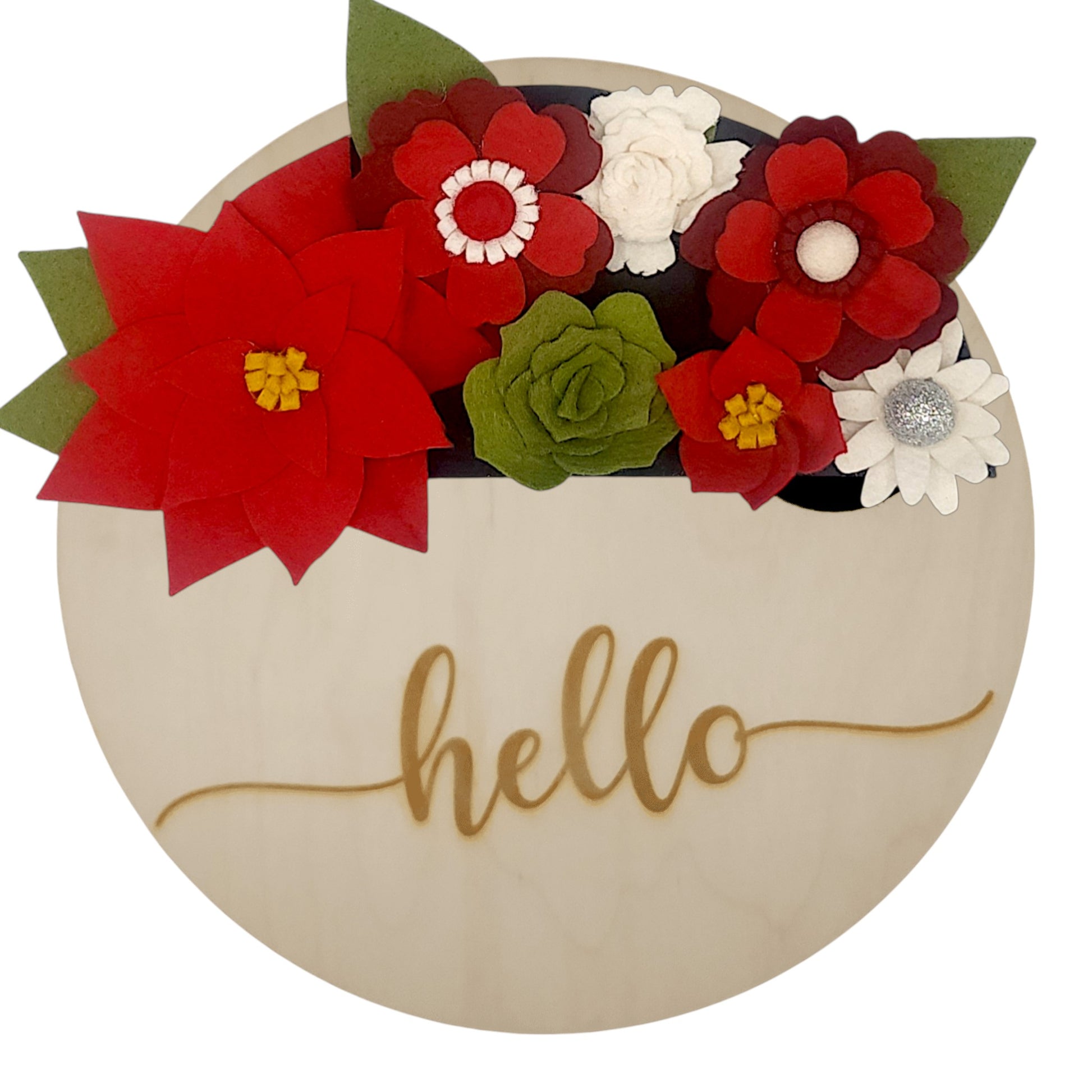 Christmas wreath with handcrafted felt flowers: red poinsettias, green succulents and white daisies on a round birch base reading "HELLO".
