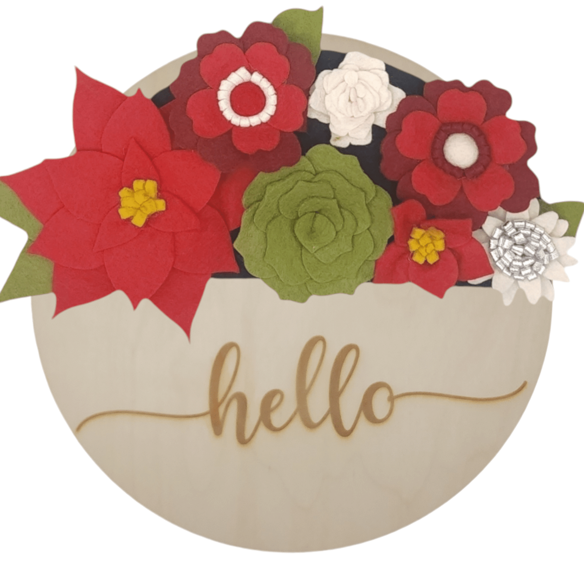 Christmas wreath with handcrafted felt flowers: red poinsettias, green succulents and white daisies on a round birch base reading "HELLO".