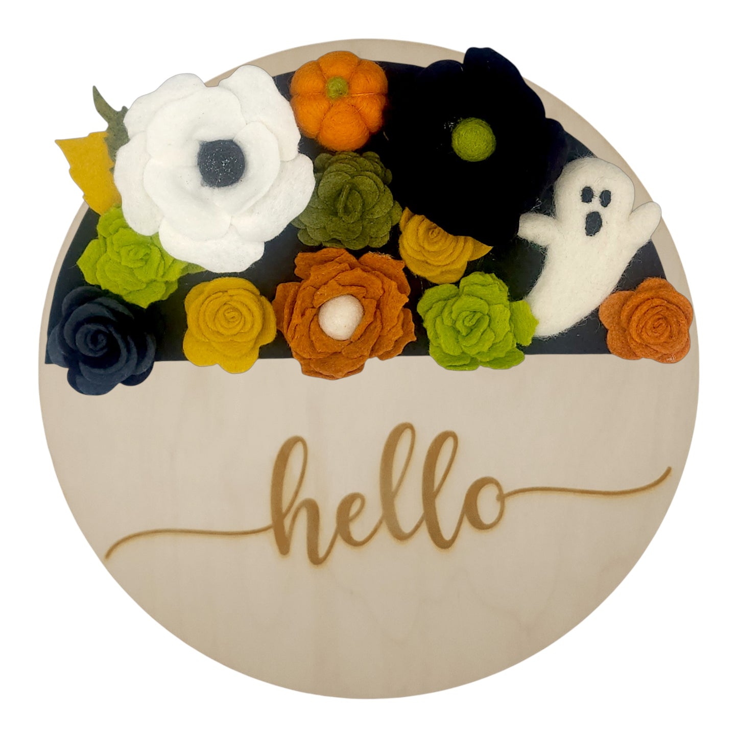 Wreath attachment featuring a floating felted ghost surrounded by vivid green florals and textured orange accents on a warm neutral base.