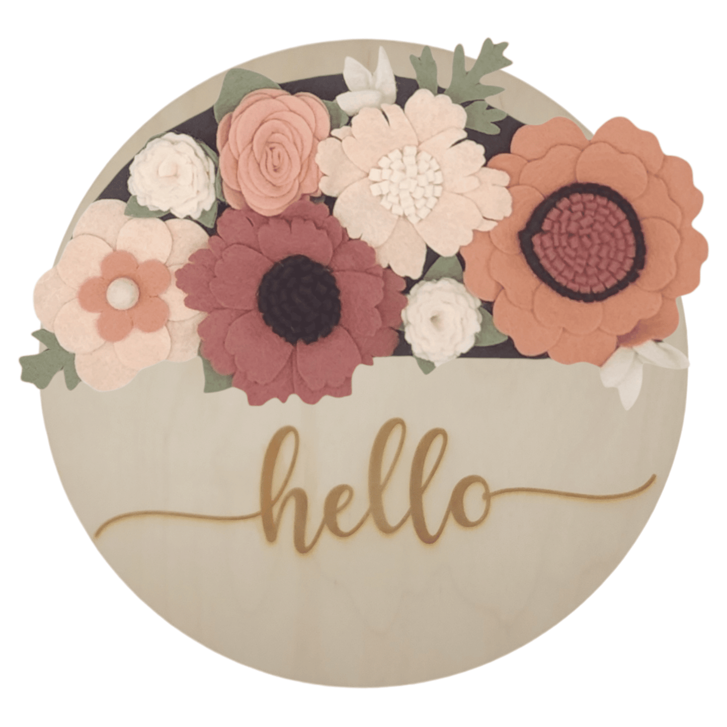 Spring wreath featuring felt flowers in variation of pink and white on a round birch base reading "HELLO".