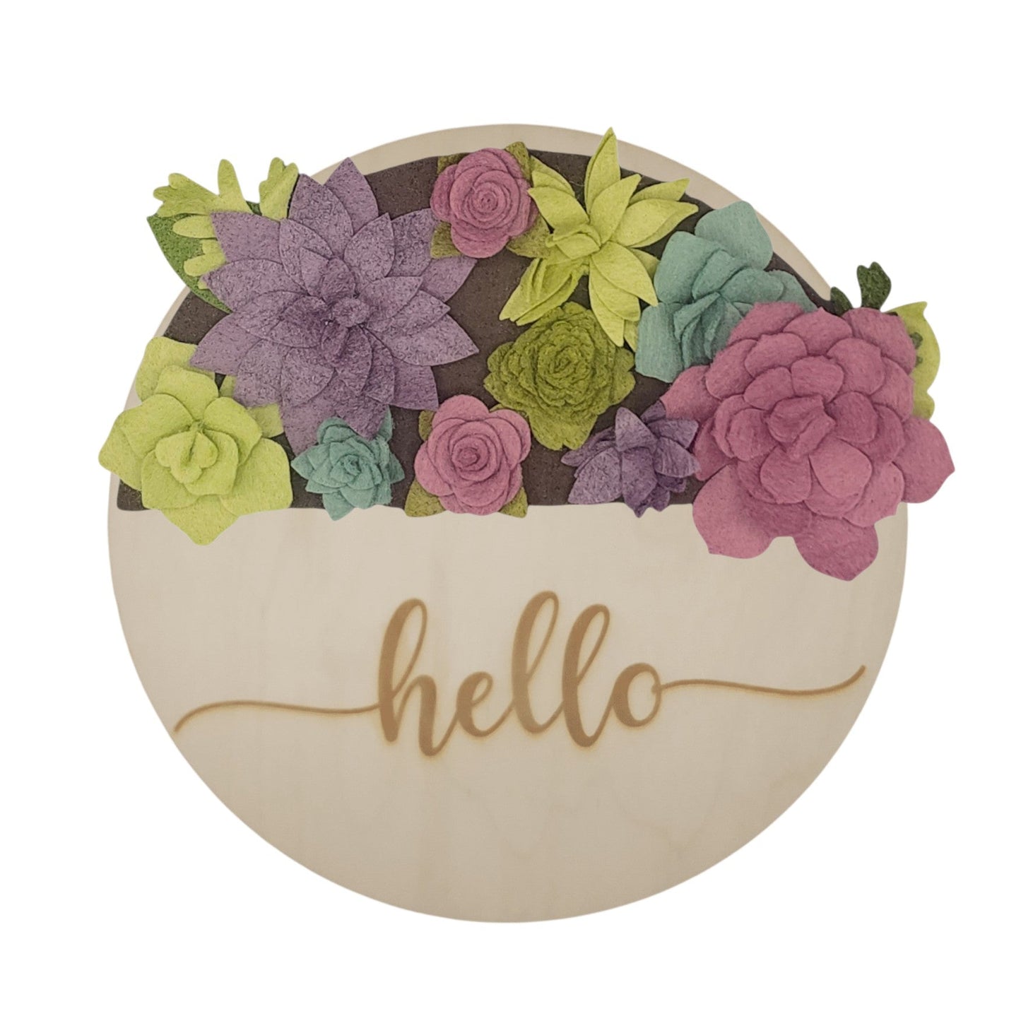 Summer succulents wreath featuring felt succulents in green, purple and teal on a round birch base reading "HELLO".