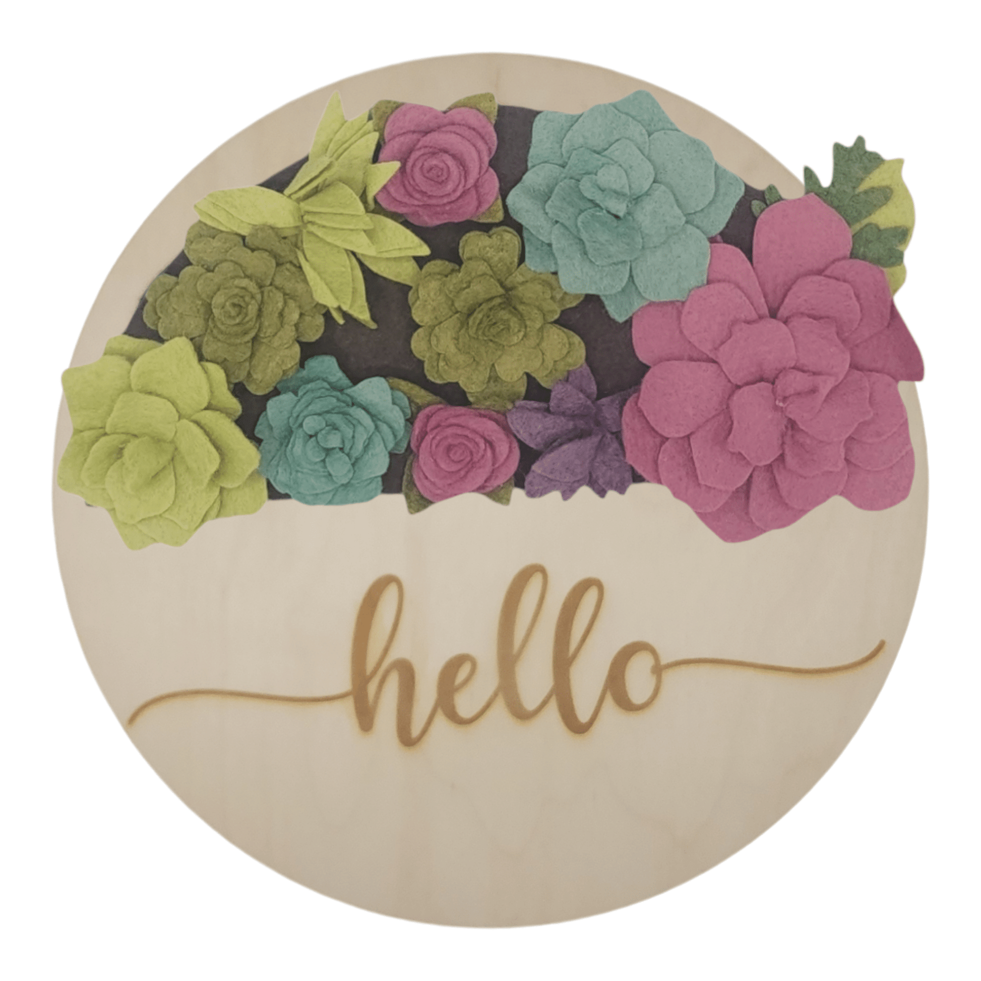 Summer succulents wreath featuring felt succulents in green, purple and teal on a round birch base reading "HELLO".