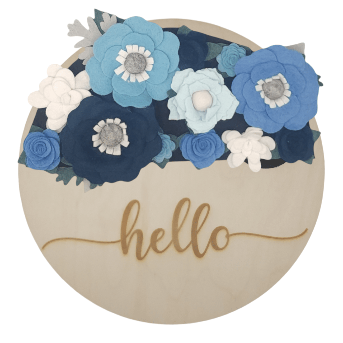 Winter wreath is a winter wonderland of blue and white felt flowers on a round birch base reading "HELLO".