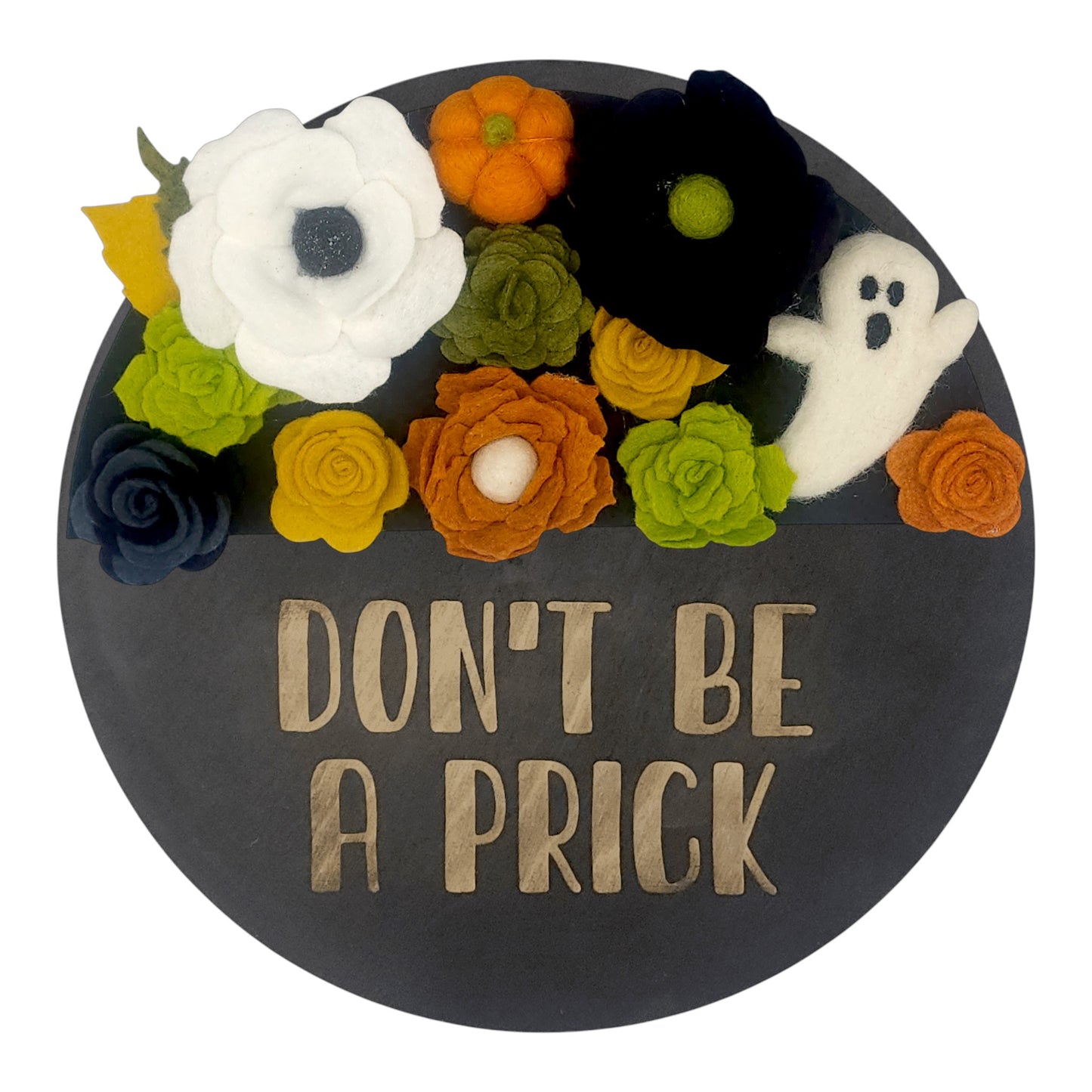 Wreath attachment featuring a cute felt ghost surrounded by bold green leaves and vibrant orange florals on a neutral base.