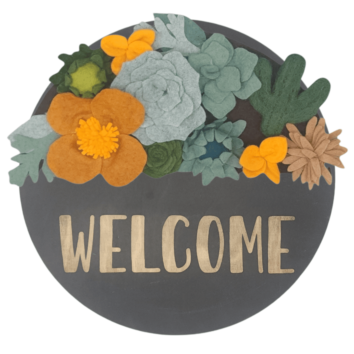 Arizona Mini Wreath Attachment: A round black wreath reading "WELCOME" adorned with vibrant felt flowers based on state flowers.