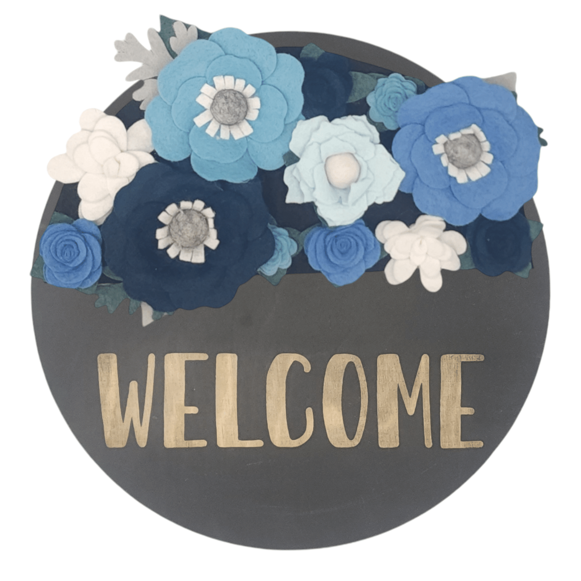 Winter wreath is a winter wonderland of blue and white felt flowers on a round black base reading "WELCOME".