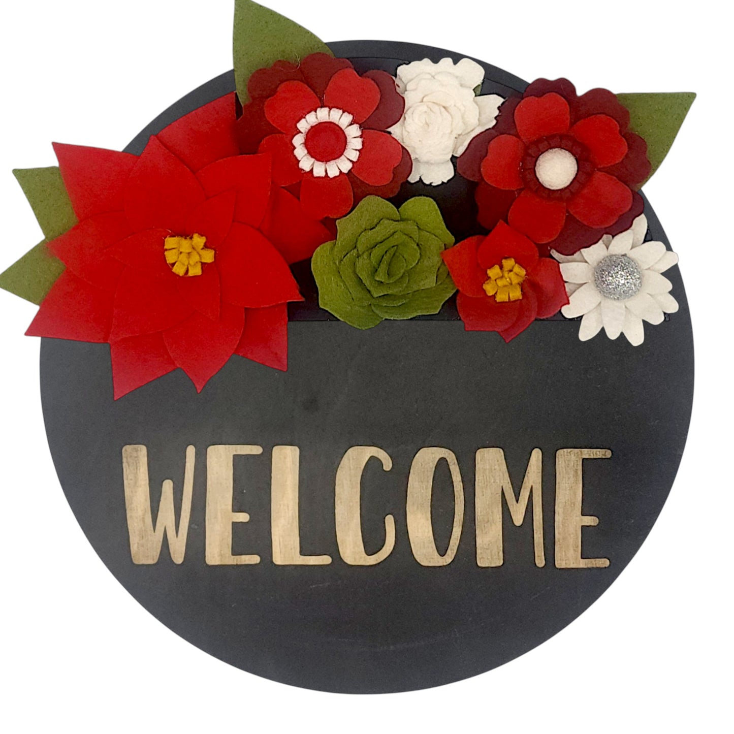 Christmas wreath with handcrafted felt flowers: red poinsettias, green succulents and white daisies on a round black base reading "WELCOME".