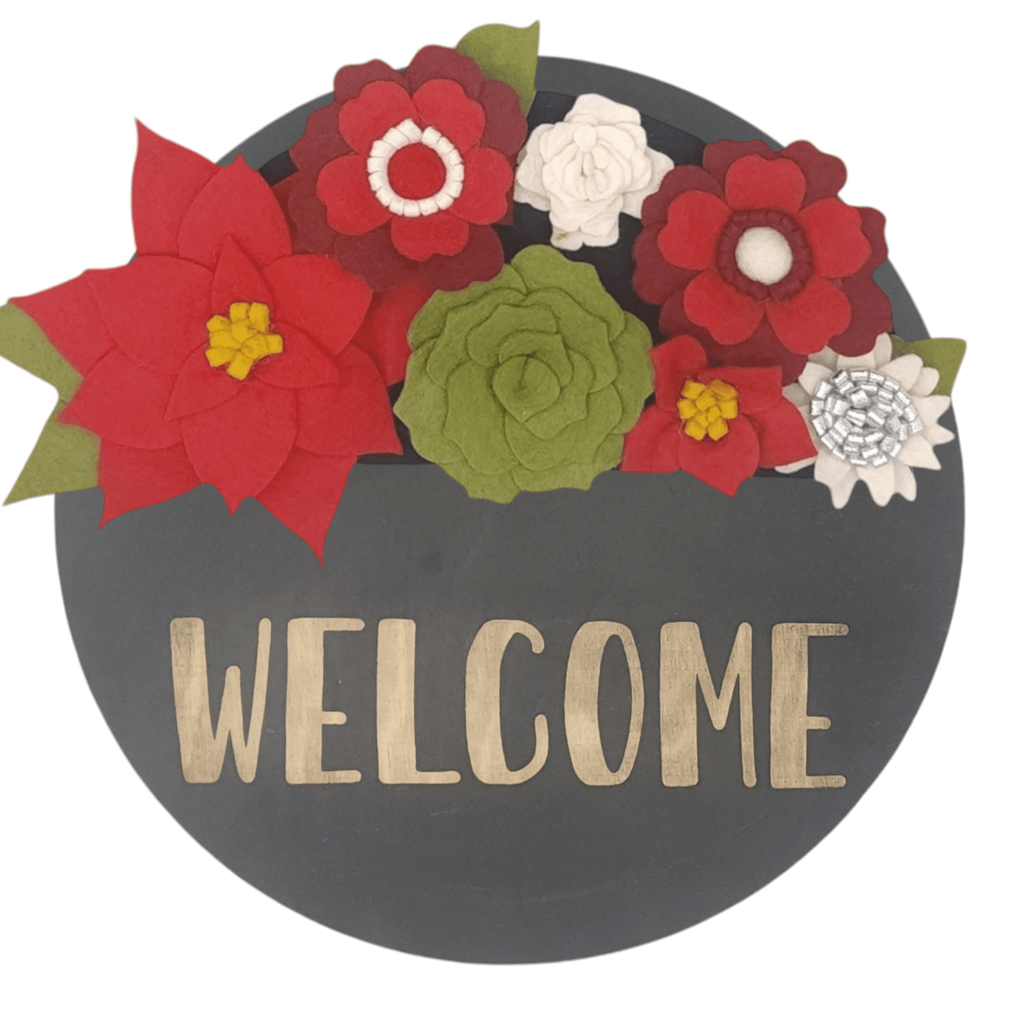 Christmas wreath with handcrafted felt flowers: red poinsettias, green succulents and white daisies on a round black base reading "WELCOME".