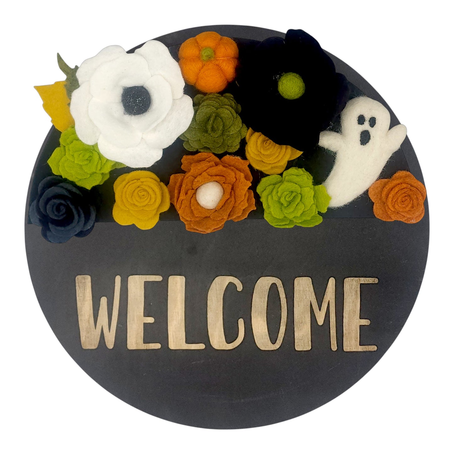 Wreath attachment featuring a playful white felt ghost surrounded by neon green foliage and vibrant orange blooms on a rustic base.