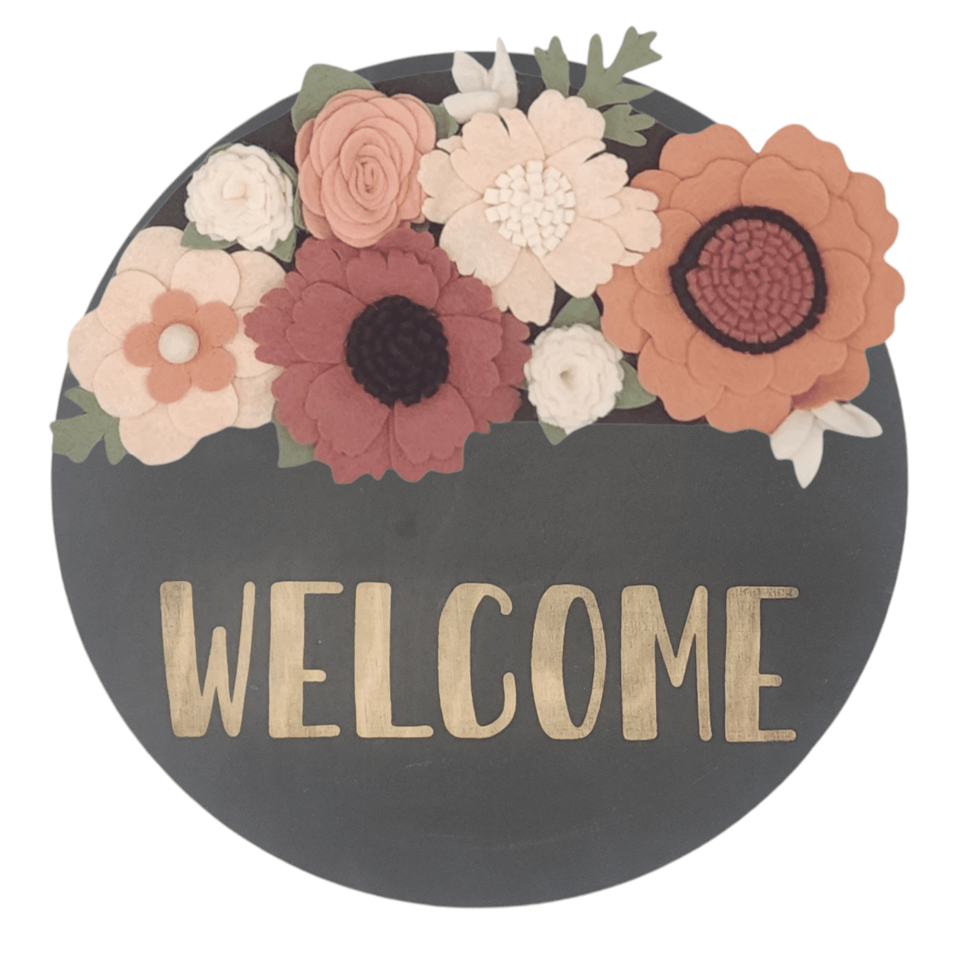 Spring wreath featuring felt flowers in variation of pink and white on a round black base reading "WELCOME".