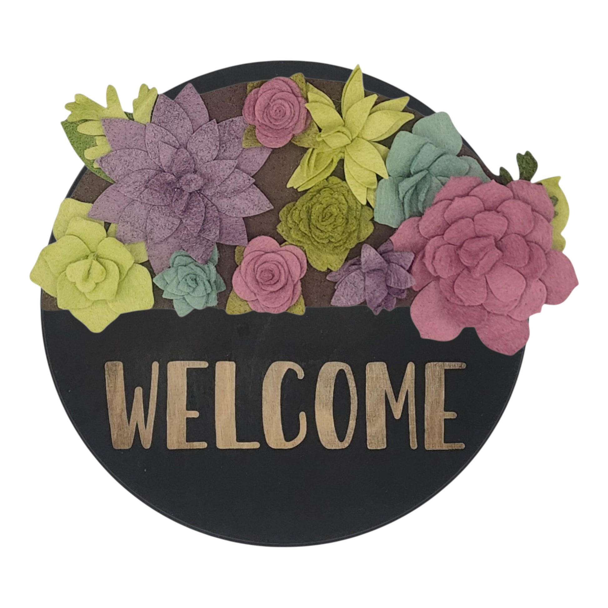 Summer succulents wreath featuring felt succulents in green, purple and teal on a round black base reading "WELCOME".