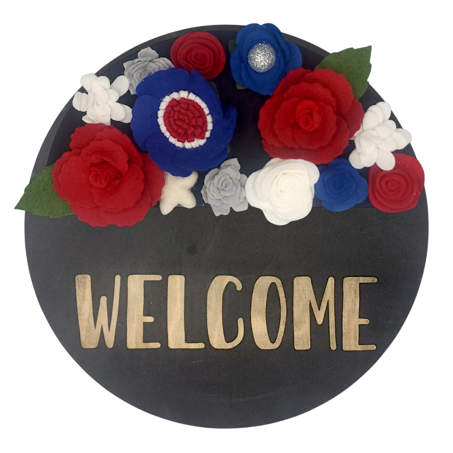 Wreath attachment featuring a patriotic star design surrounded by red, white, and blue florals on a rustic base.