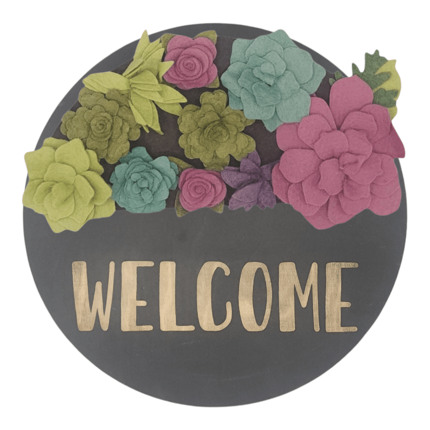 Summer succulents wreath featuring felt succulents in green, purple and teal on a round black base reading "WELCOME".