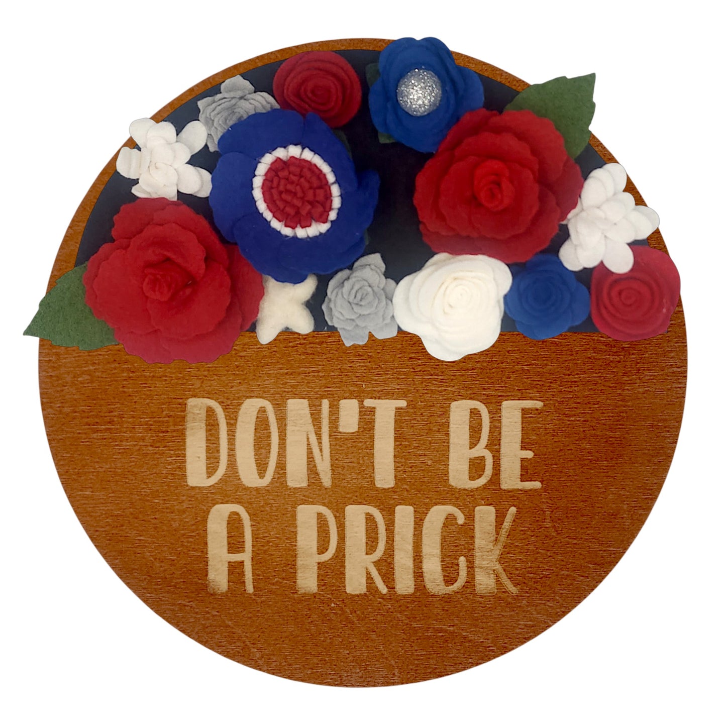 Wreath attachment featuring red, white, and blue florals surrounded by star embellishments and patriotic textures on a sand-colored base.