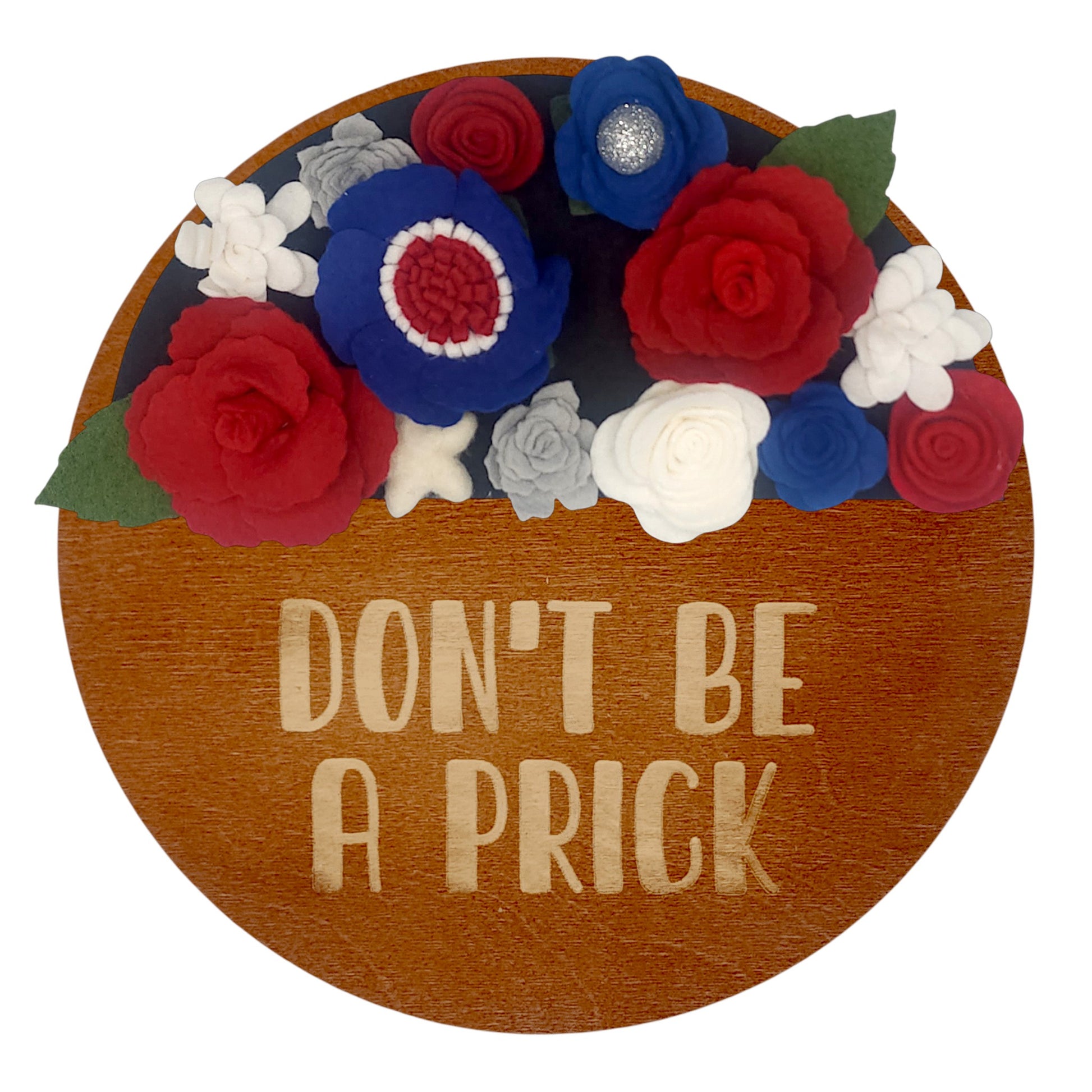 Wreath attachment featuring red, white, and blue florals surrounded by star embellishments and patriotic textures on a sand-colored base.