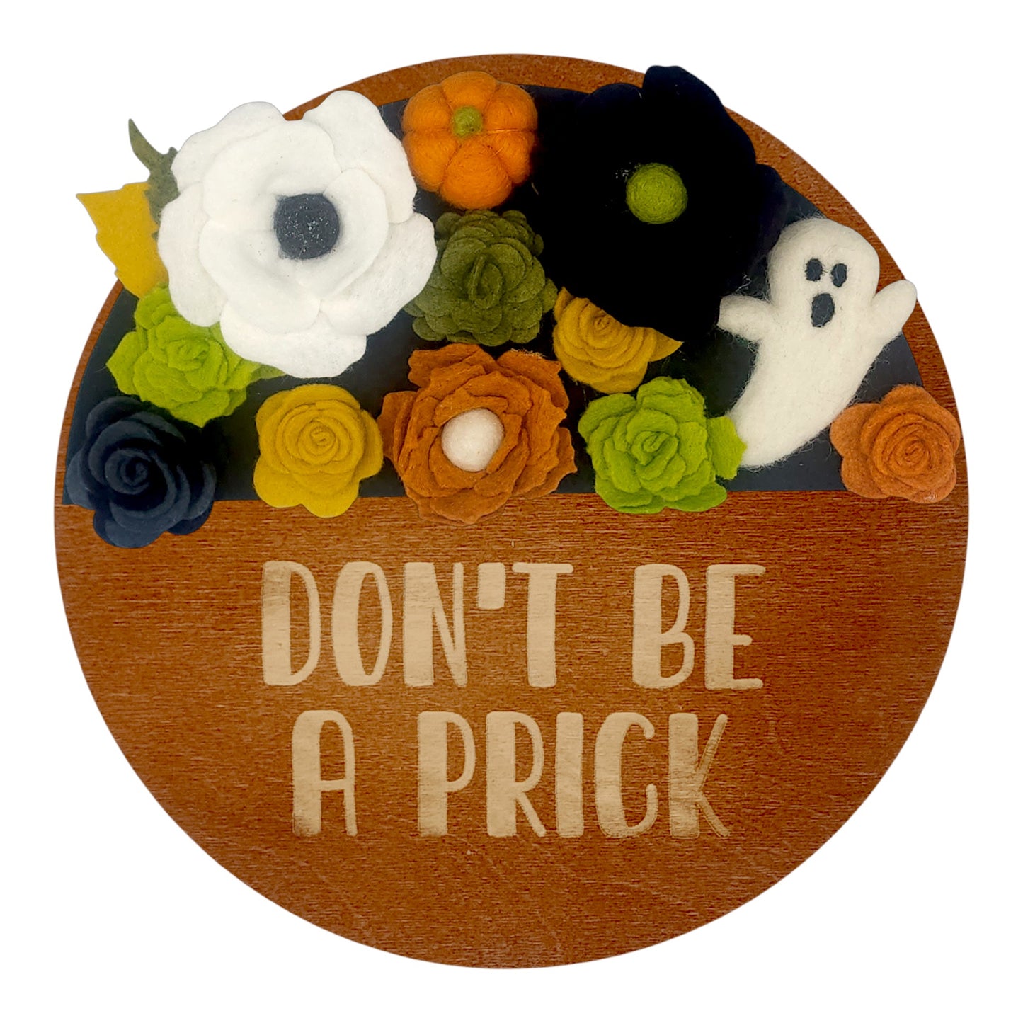 Wreath attachment featuring a handcrafted felted ghost surrounded by bright green accents and layered orange flowers on a natural base.