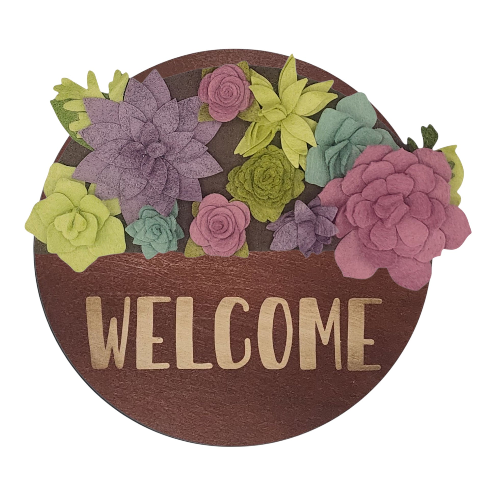 Summer succulents wreath featuring felt succulents in green, purple and teal on a round walnut base reading "WELCOME".