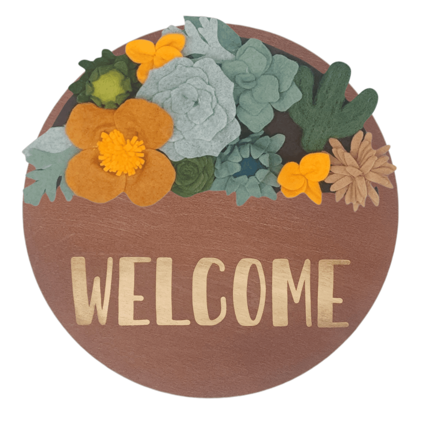 Arizona Mini Wreath Attachment: A round walnut wreath reading "WELCOME" adorned with vibrant felt flowers based on state flowers.