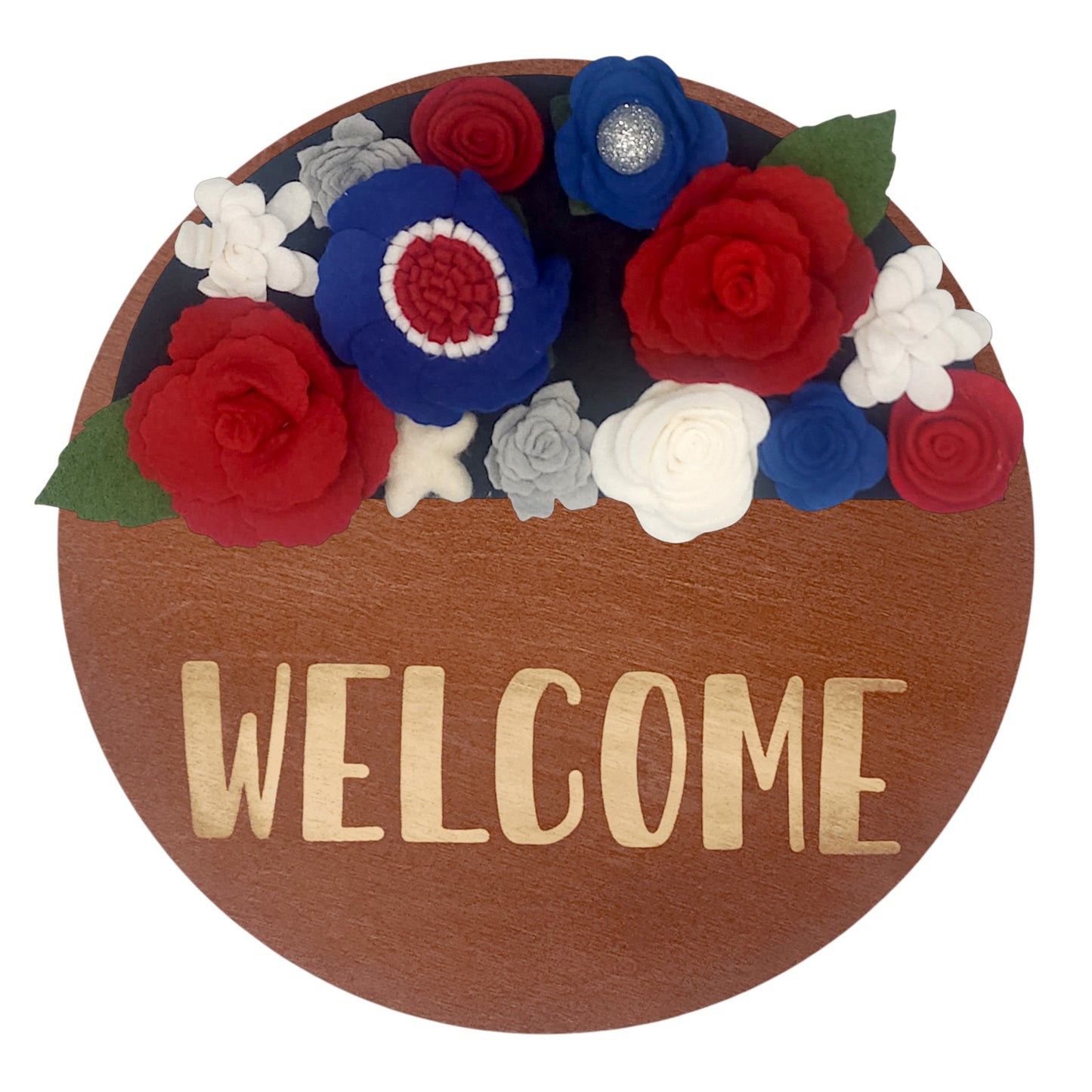 Wreath attachment featuring bold navy blooms surrounded by red and white florals with subtle star accents on a warm neutral base.