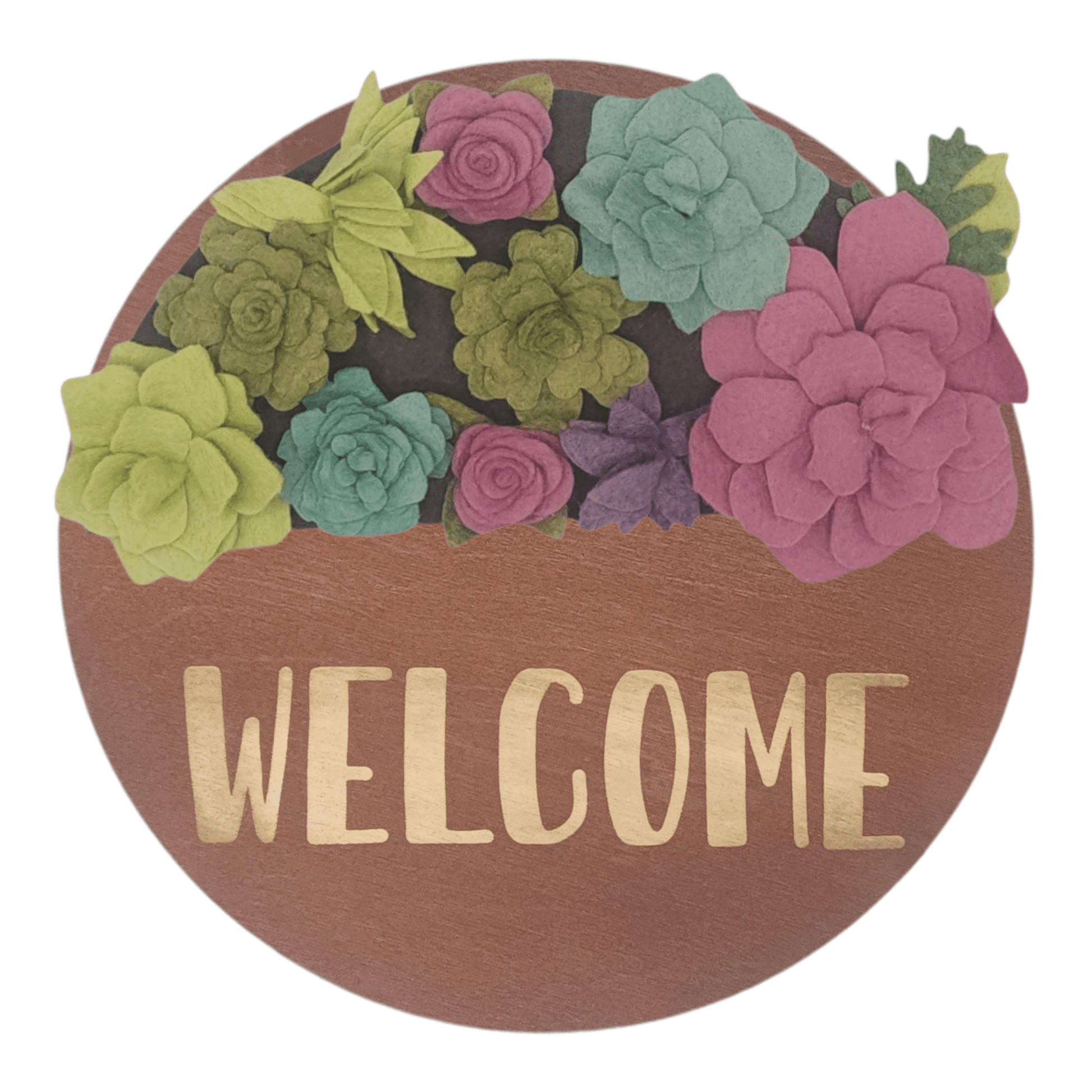 Summer succulents wreath featuring felt succulents in green, purple and teal on a round walnut base reading "WELCOME".