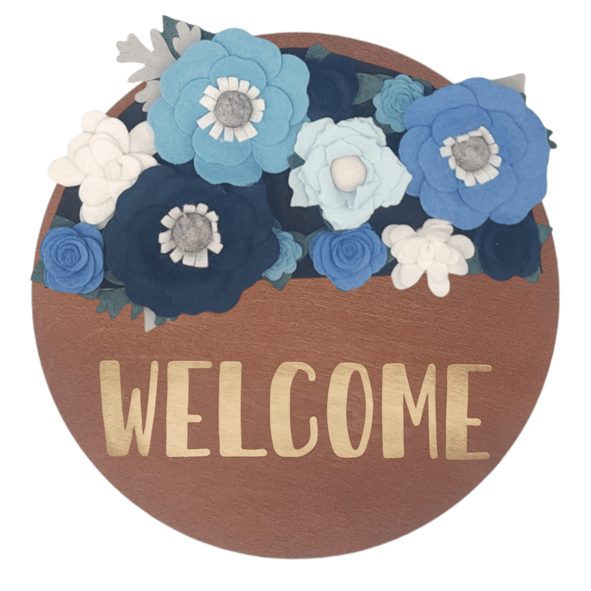 Winter wreath is a winter wonderland of blue and white felt flowers on a round walnut base reading "WELCOME".