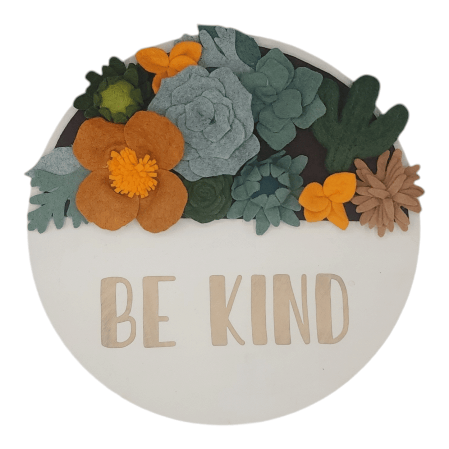 Arizona Mini Wreath Attachment: A round white wreath reading "BE KIND" adorned with vibrant felt flowers in green and orange.