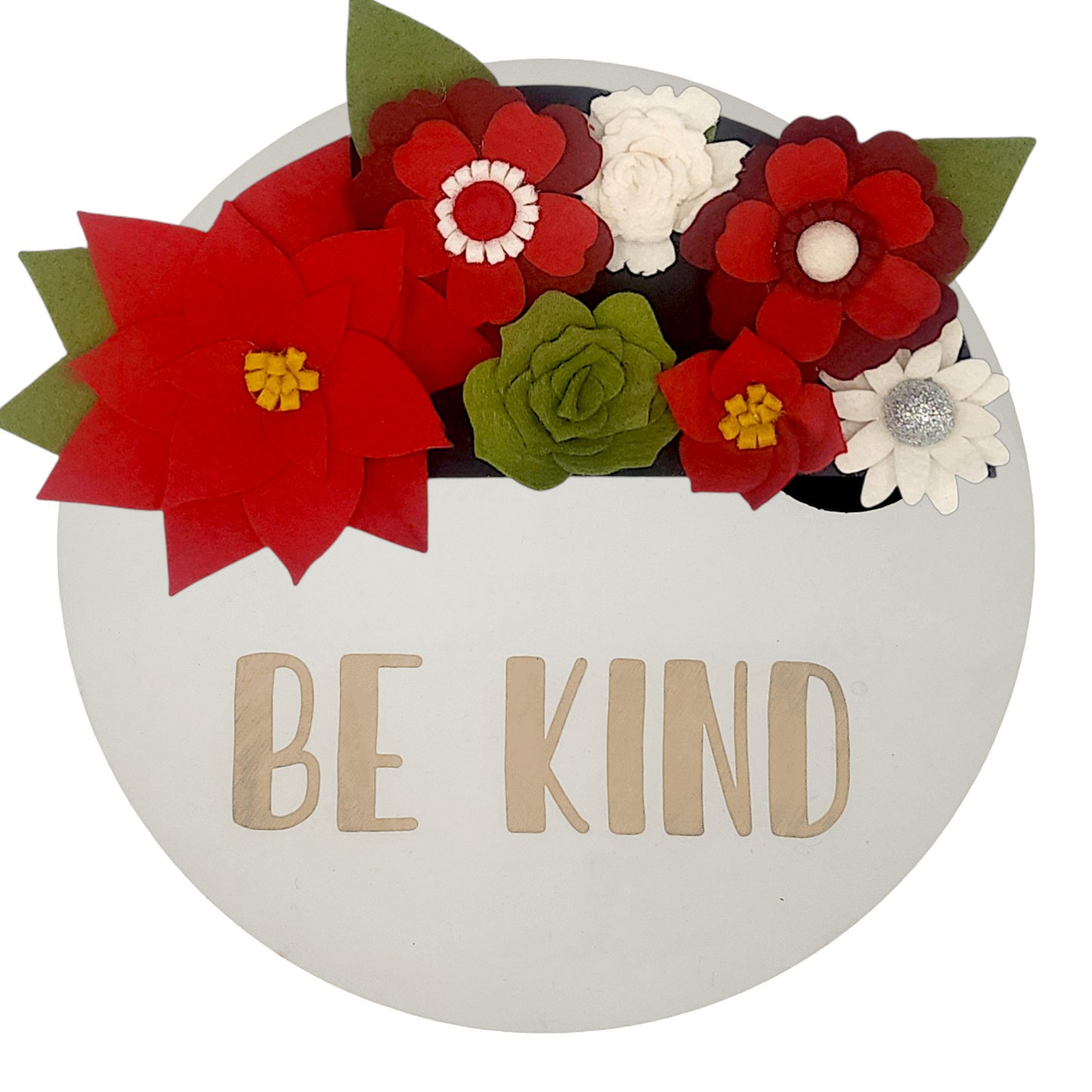 Christmas wreath with handcrafted felt flowers: red poinsettias, green succulents and white daisies on a round white base reading "BE KIND".