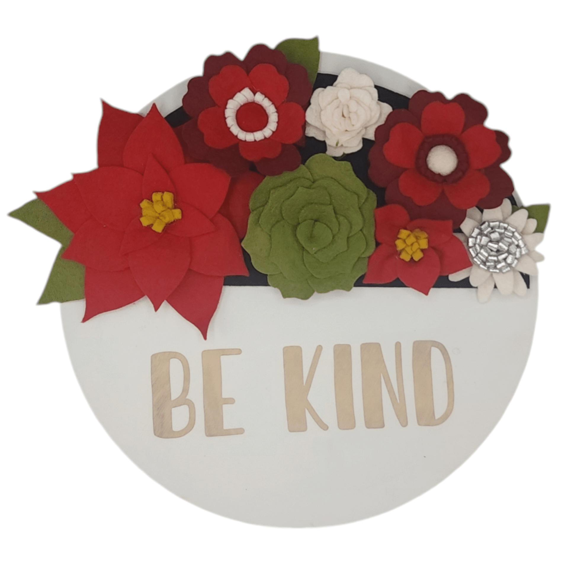 Christmas wreath with handcrafted felt flowers: red poinsettias, green succulents and white daisies on a round white base reading "BE KIND".