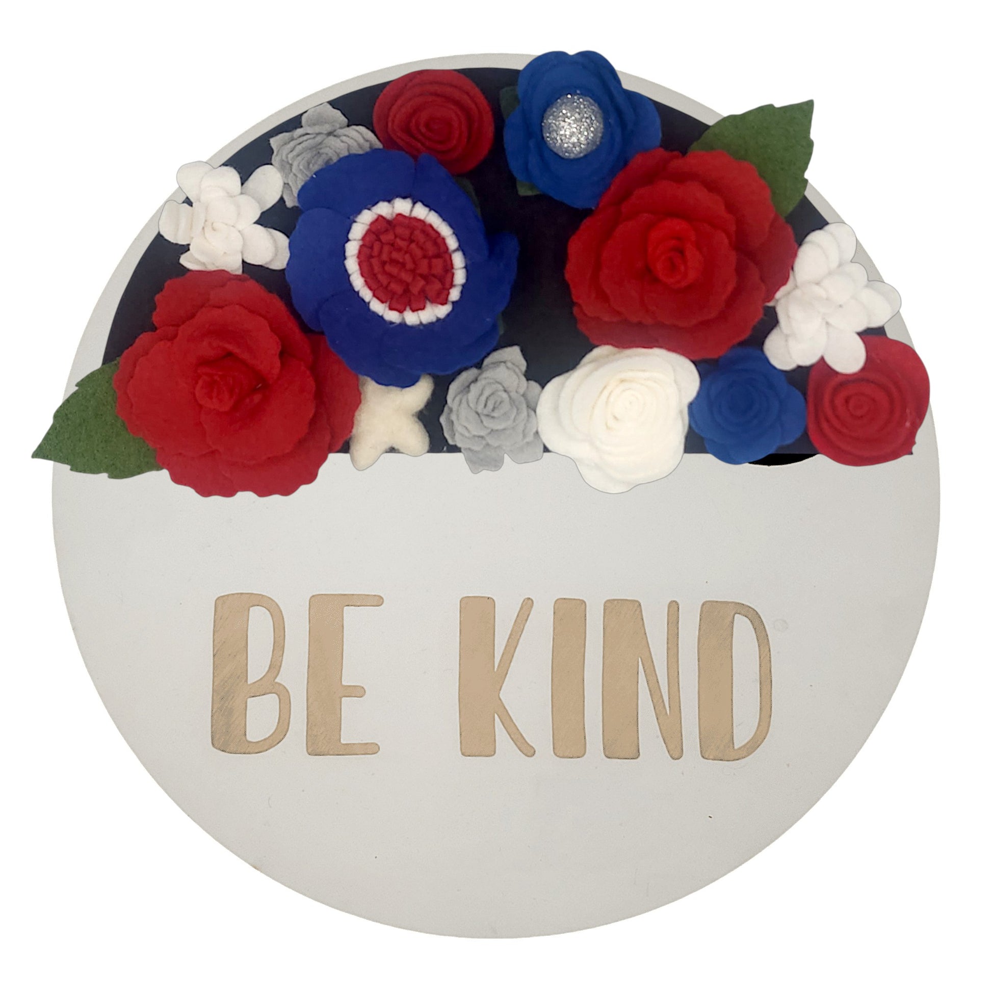 Wreath attachment featuring a red and white striped motif surrounded by deep blue florals and patriotic ribbon on a natural base.