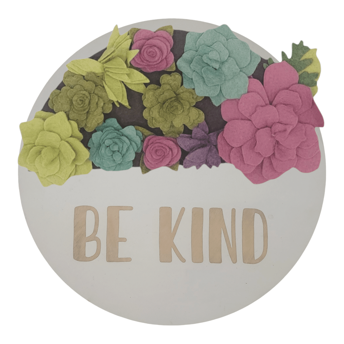 Summer succulents wreath featuring felt succulents in green, purple and teal on a round white base reading "BE KIND".