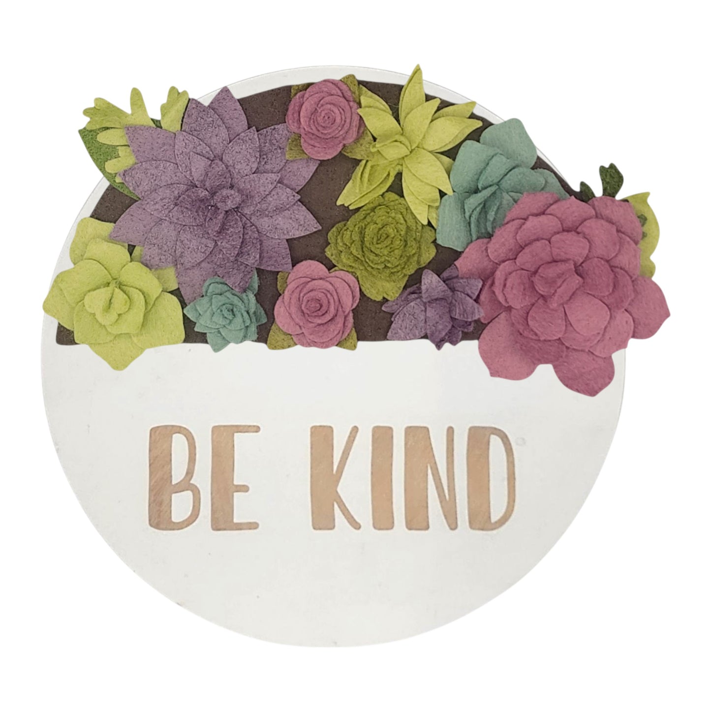 Summer succulents wreath featuring felt succulents in green, purple and teal on a round white base reading "BE KIND".