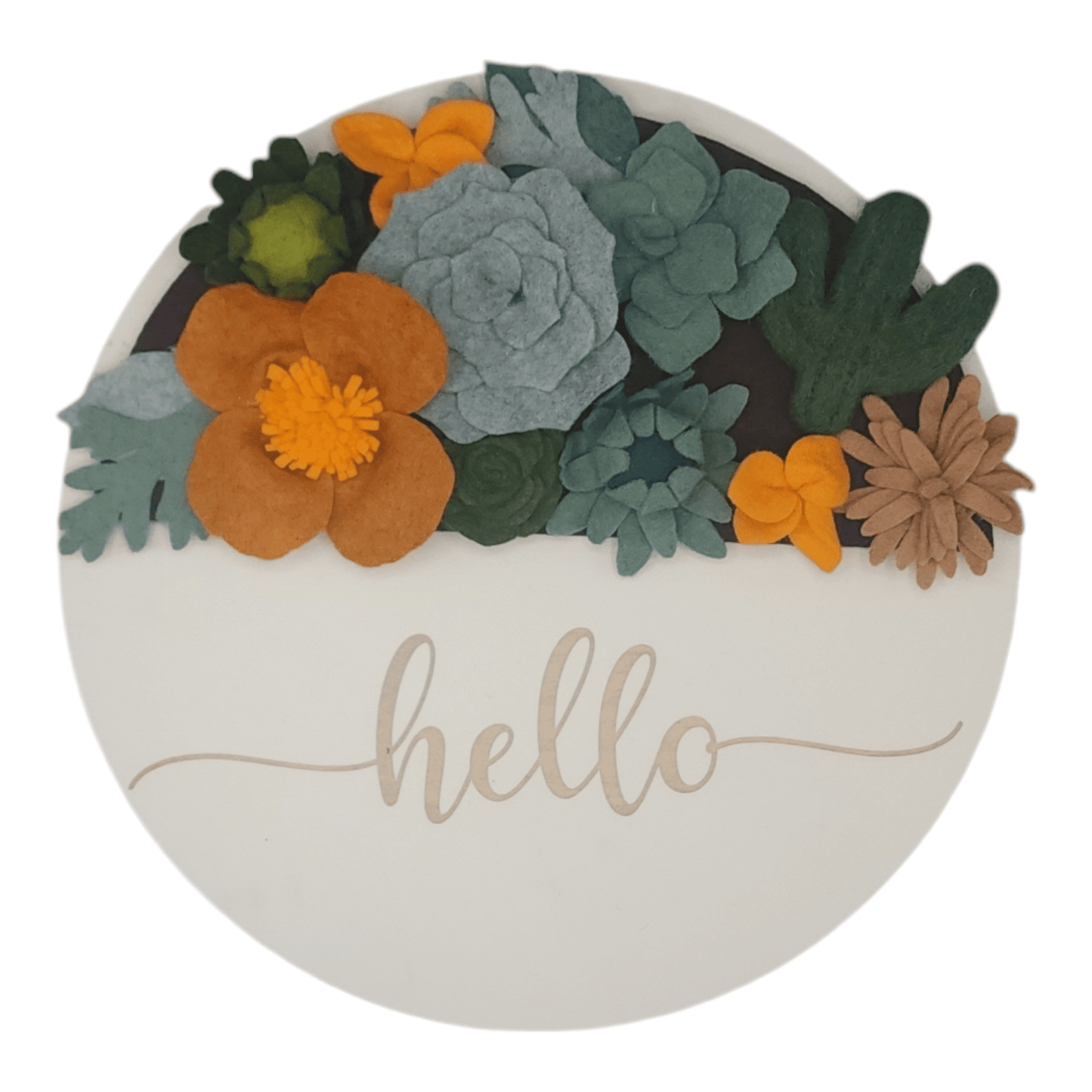 Arizona Mini Wreath Attachment: A round white wreath reading "HELLO" adorned with vibrant felt flowers and cacti.