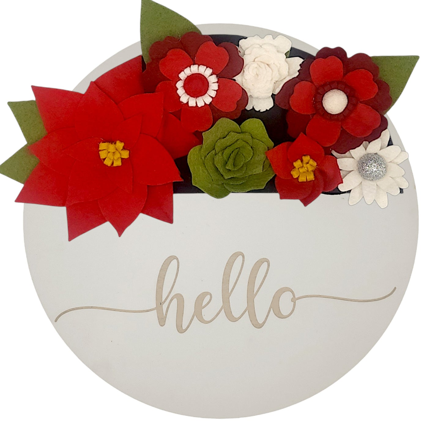 Christmas wreath with handcrafted felt flowers: red poinsettias, green succulents and white daisies on a round white base reading "HELLO".