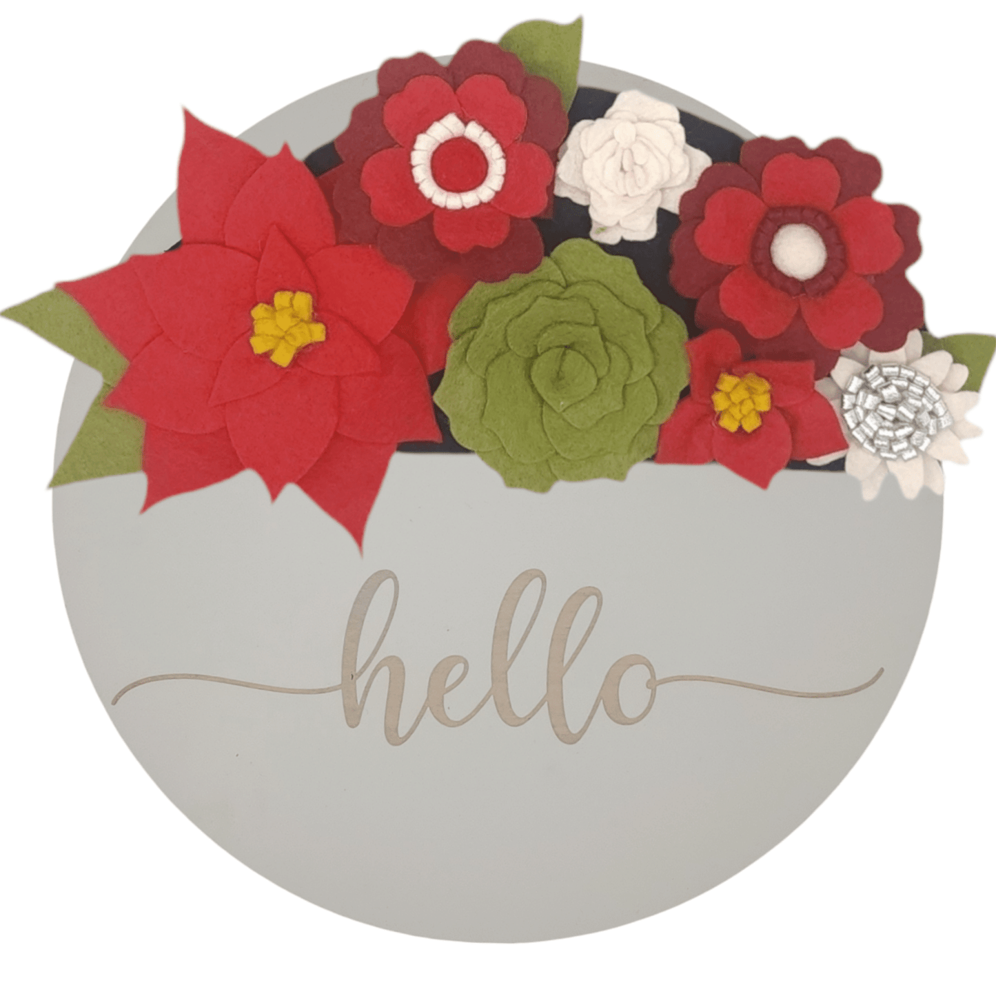 Christmas wreath with handcrafted felt flowers: red poinsettias, green succulents and white daisies on a round white base reading "HELLO".