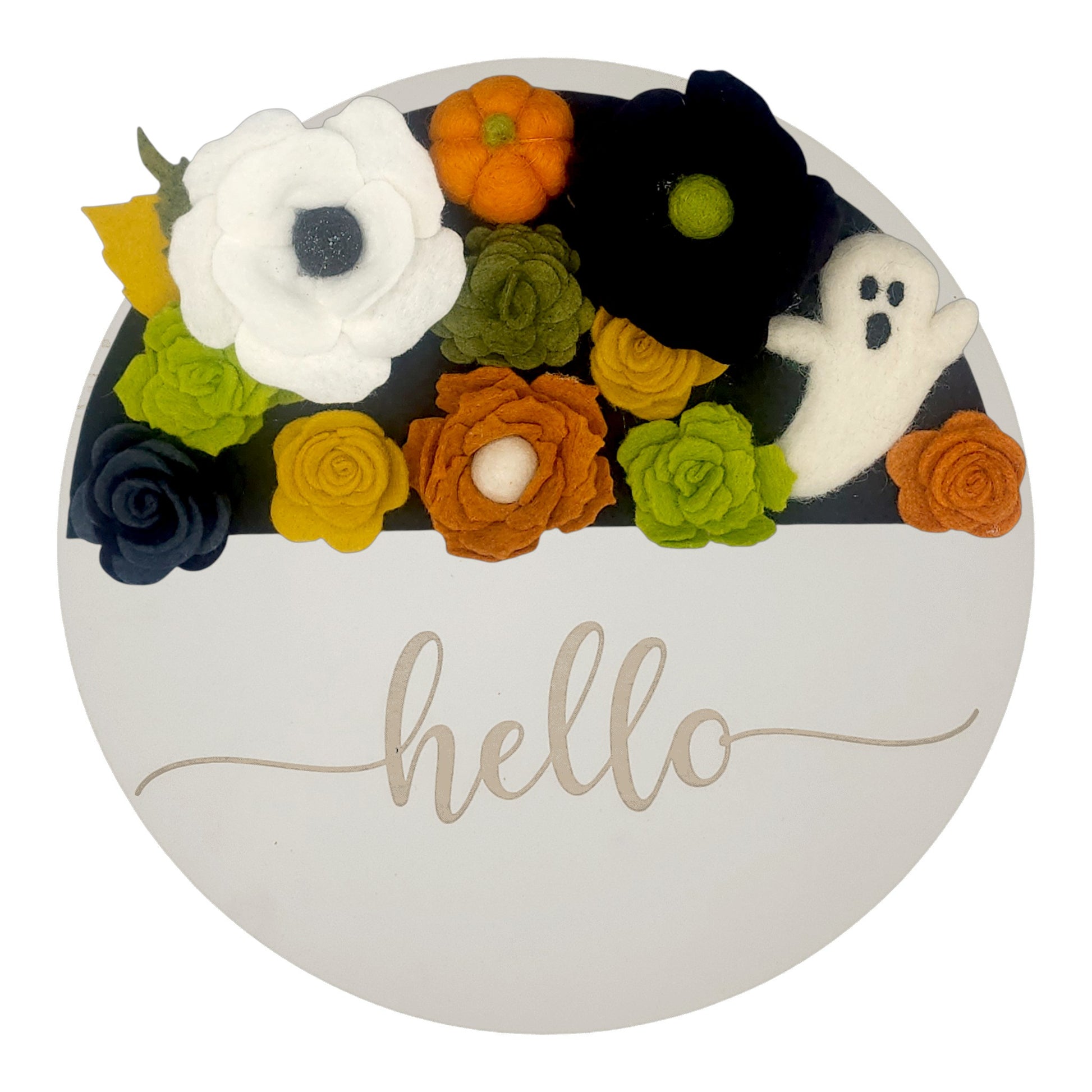 Wreath attachment featuring a whimsical ghost design surrounded by electric green accents and pops of orange on a sand-colored base.