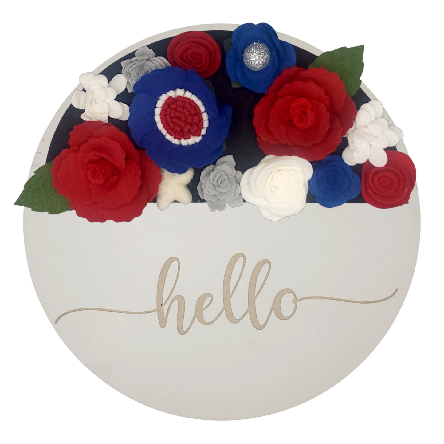 Wreath attachment featuring classic American colors surrounded by layered florals and star details symbolizing freedom and independence on a rustic base.