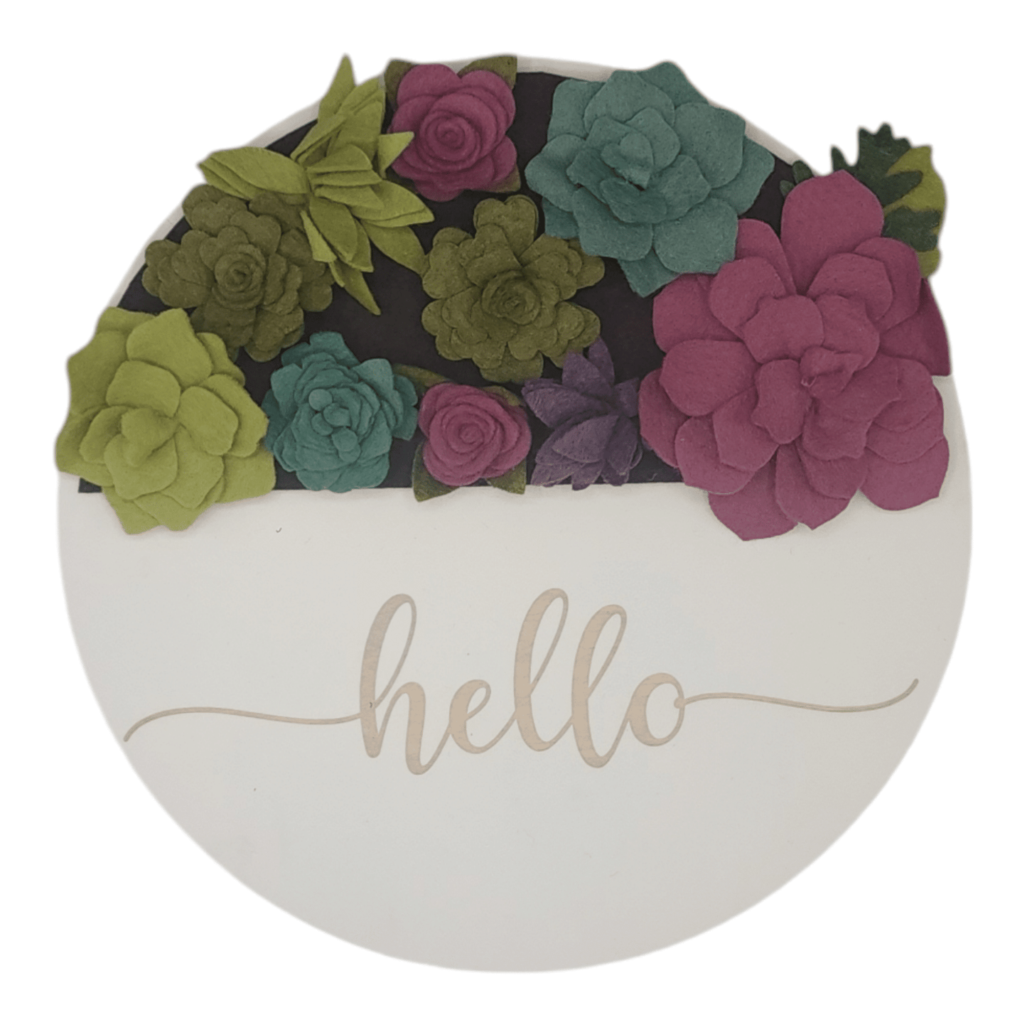 Summer succulents wreath featuring felt succulents in green, purple and teal on a round white base reading "HELLO".