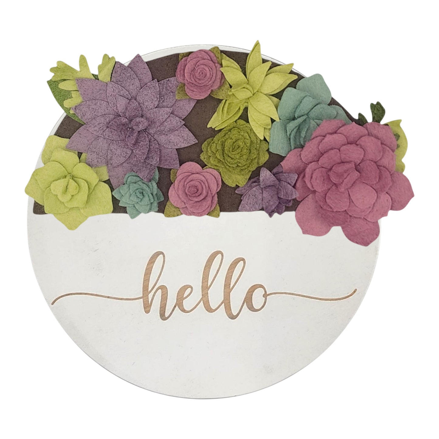 Summer succulents wreath featuring felt succulents in green, purple and teal on a round white base reading "HELLO".